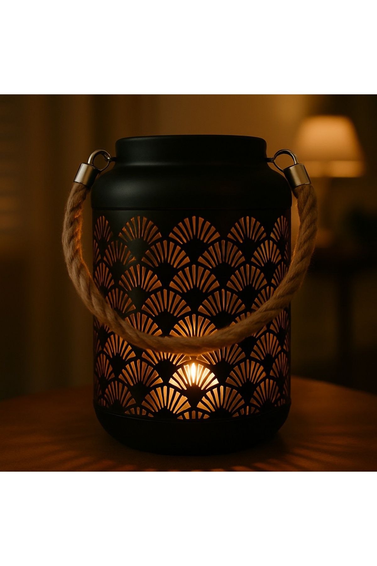 Arti Casa-Decorative lantern, made of metal, with perforated fan pattern and rope handle, 17 cm, Arti Casa 2