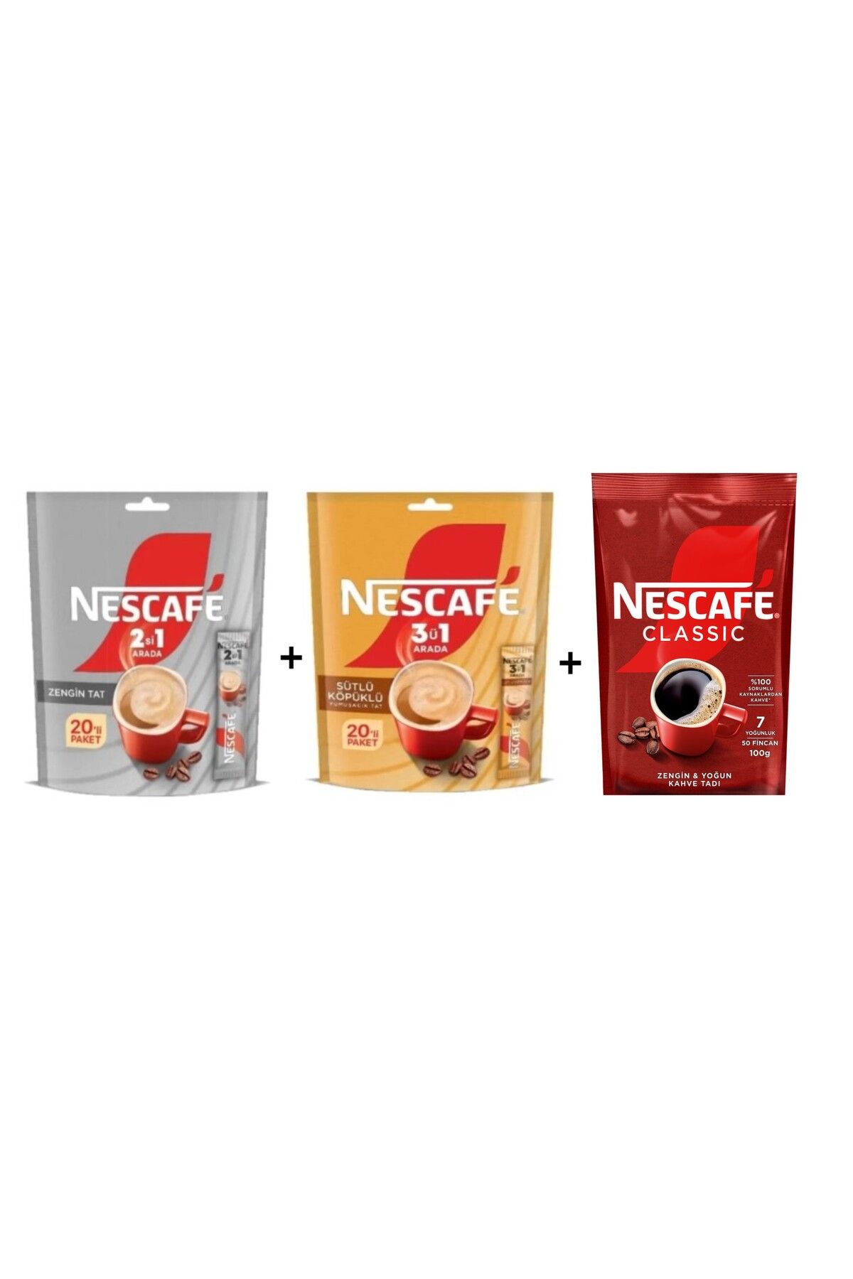 Nescafe 3'ü1 Arada Sütlü Köpüklü 20'li + Nescafe 2'si 1 Arada 20'li+Nescafe Classic 100 Gr--3'lü Set