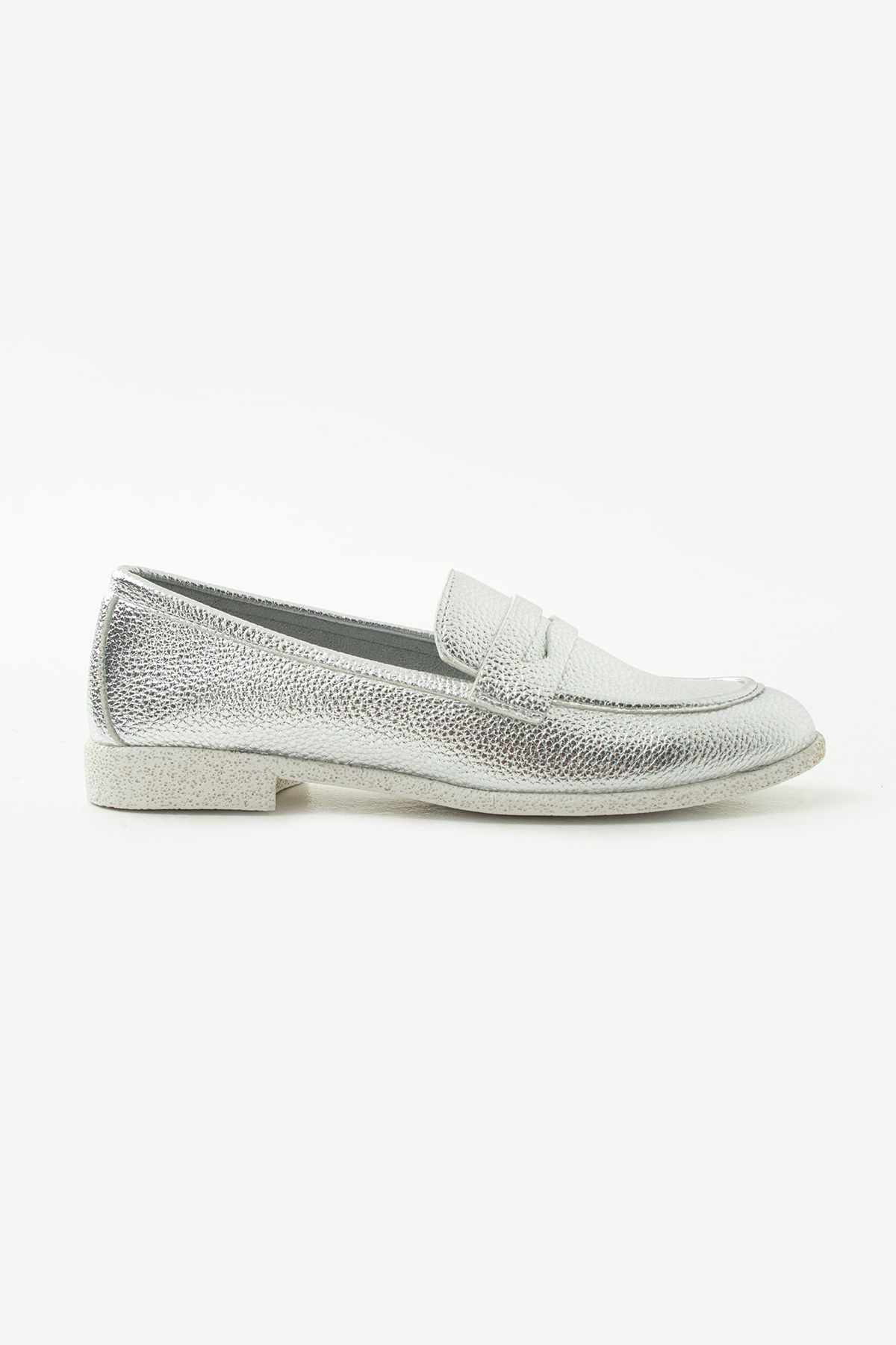 Siena Shoes Aria Kadın Düz Klasik Hakiki Deri Babet Gümüş Floter