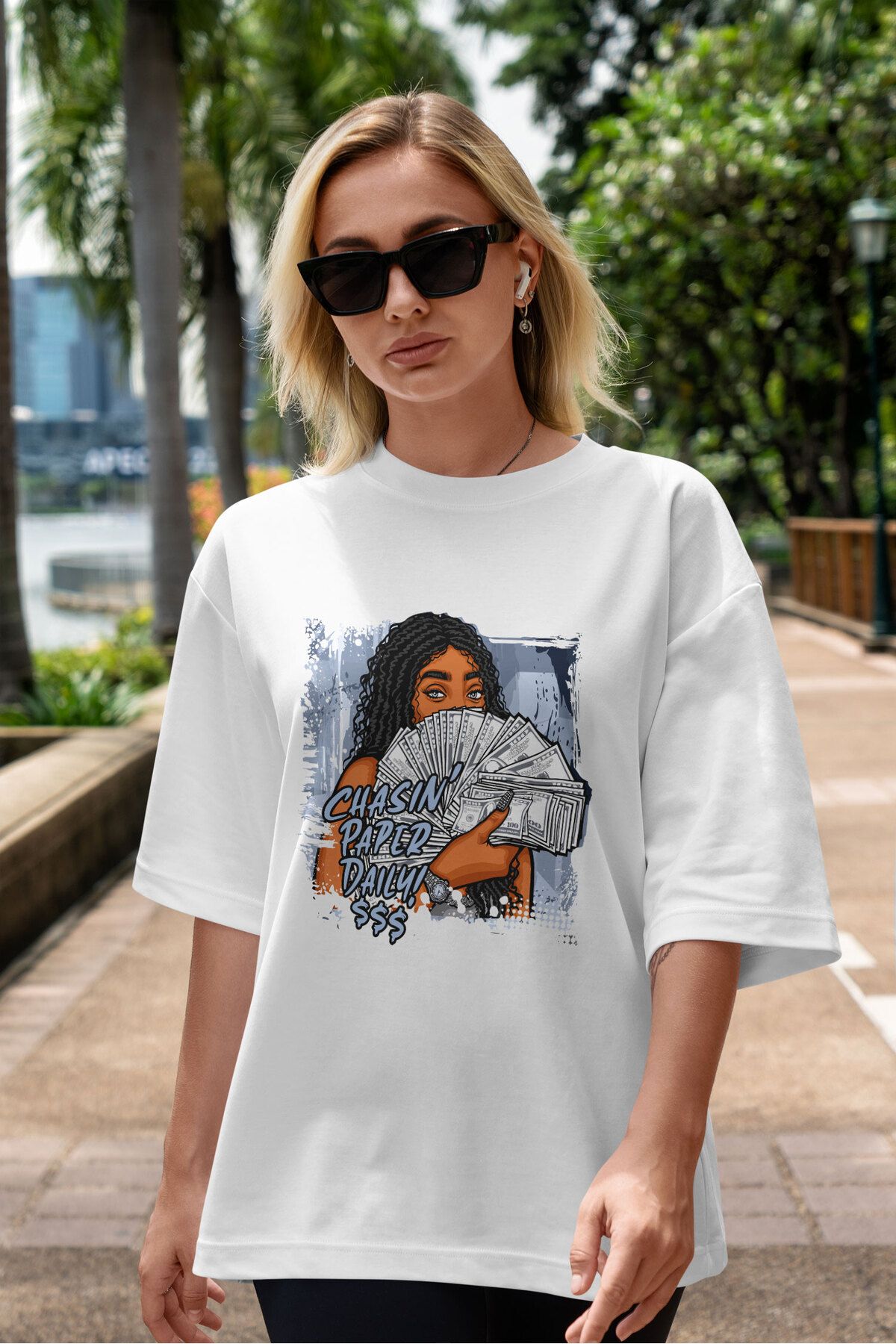 ELFAMİ Unisex Erkek/Kadın CHASIN PAPER DAILY Özel Baskılı Oversize Pamuklu Bisiklet Yaka T-Shirt