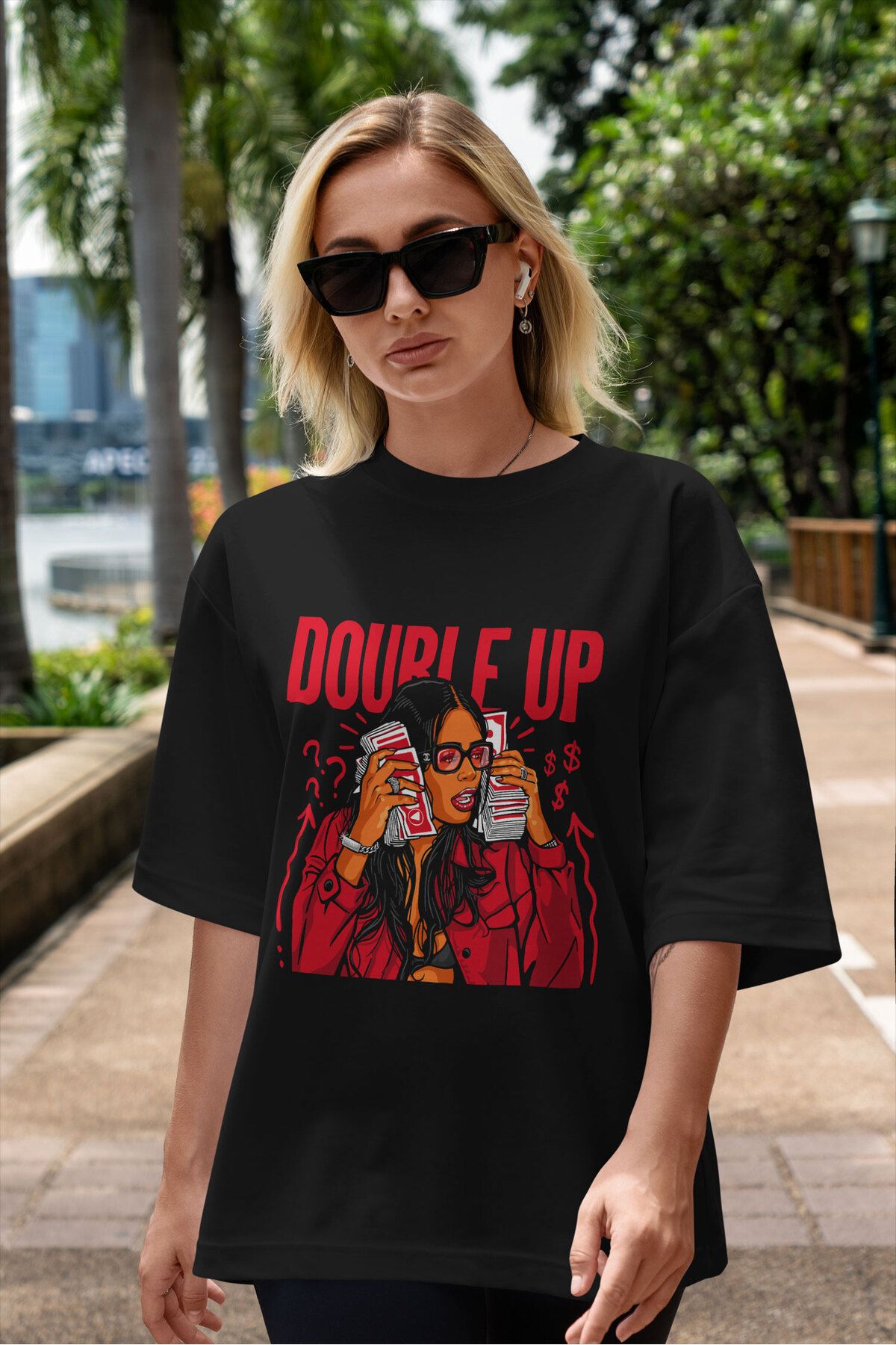 ELFAMİ Unisex Erkek/Kadın DOUBLE UP Özel Baskılı Oversize Pamuklu Bisiklet Yaka T-Shirt