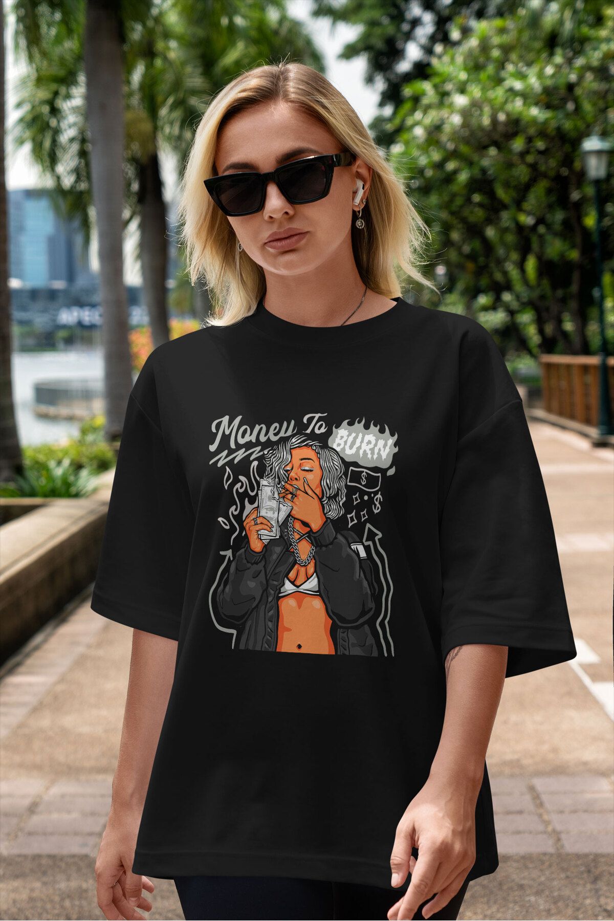 ELFAMİ Unisex Erkek/Kadın MONEY TO BURN Özel Baskılı Oversize Pamuklu Bisiklet Yaka T-Shirt