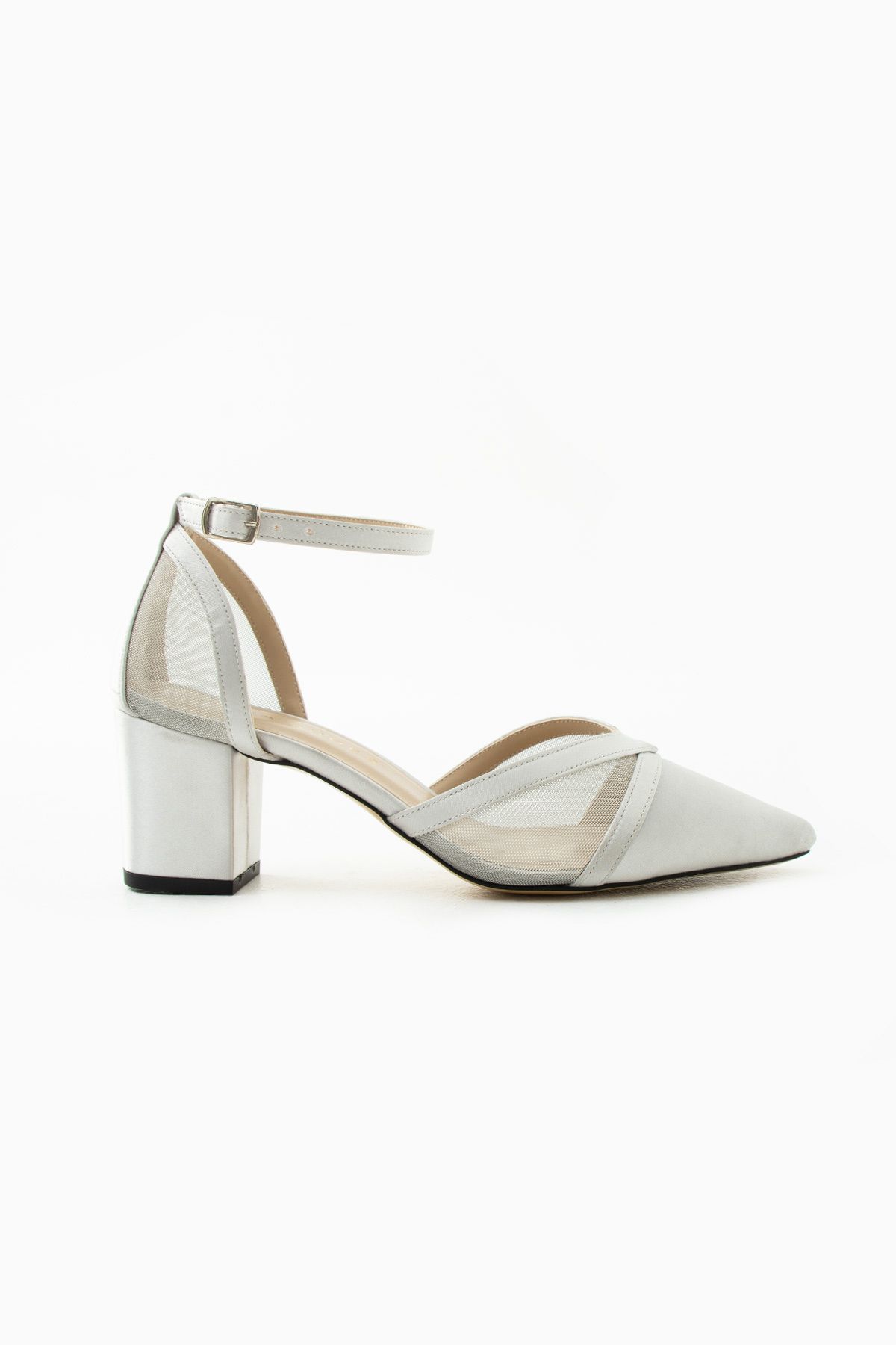Siena Shoes Clea Kadın Fileli Kalın Topuklu Ayakkabı Gümüş