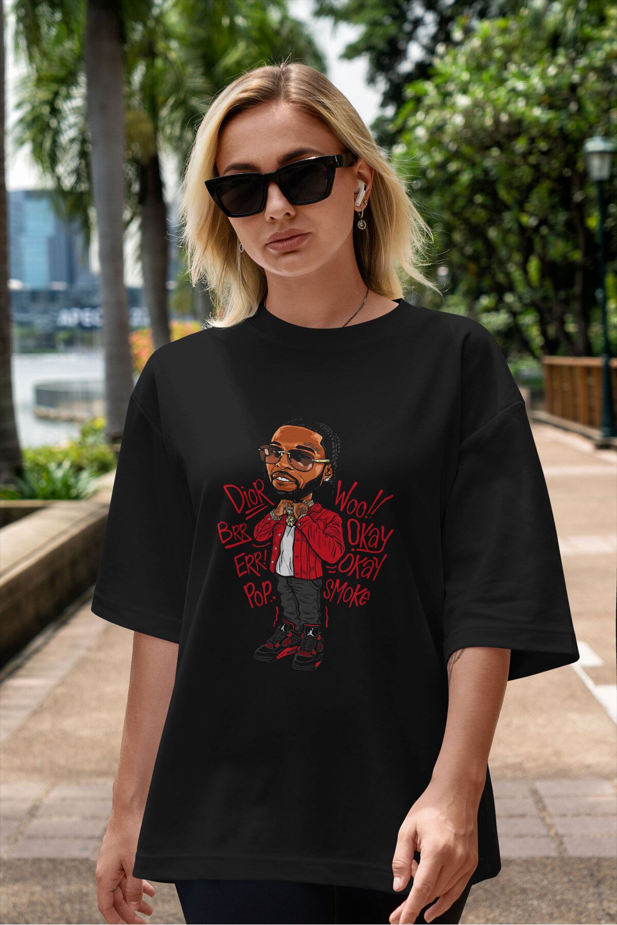 ELFAMİ Unisex Erkek/Kadın POP WOW OKAY Özel Baskılı Oversize Pamuklu Bisiklet Yaka T-Shirt