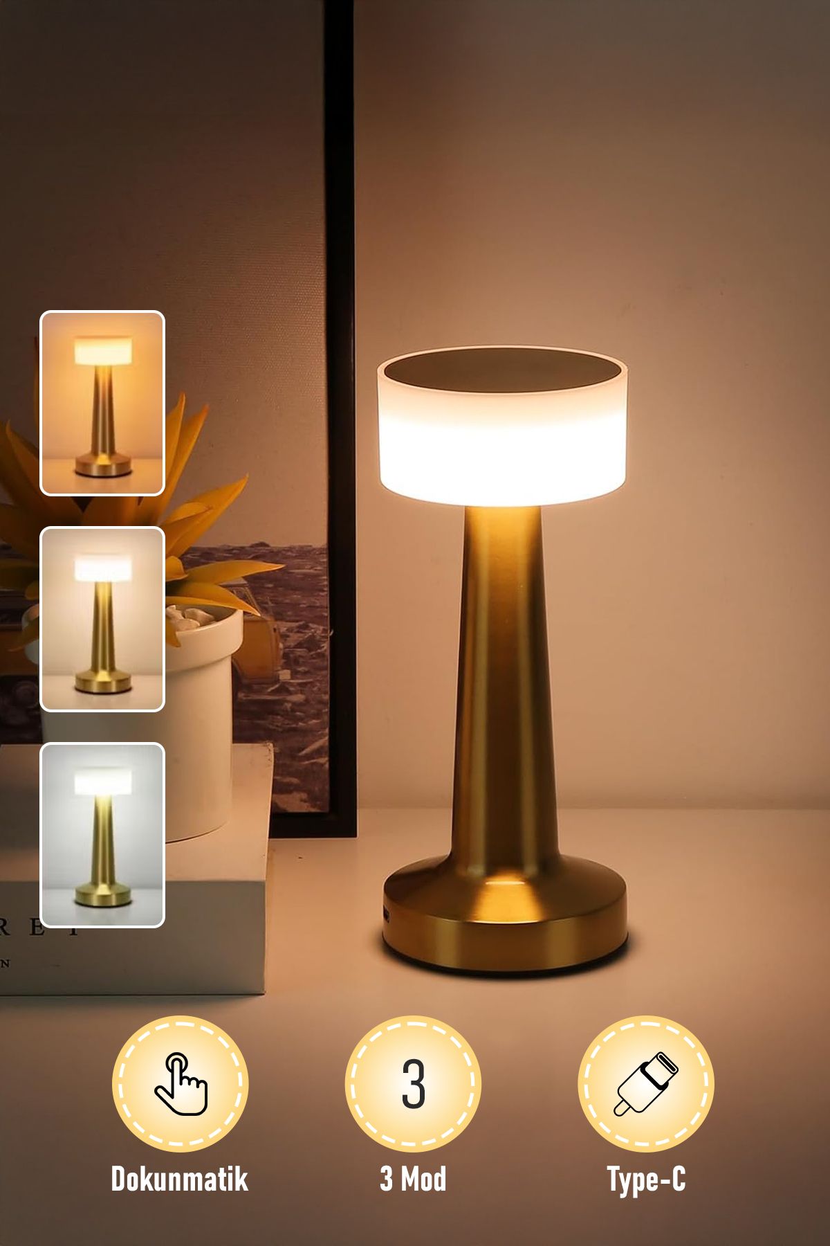ALFAGİFT Gold Renk Şarjlı LED Masa Lambası Type-C Girişli Dokunmatik 3 Işık Modlu Gece Aydınlatması