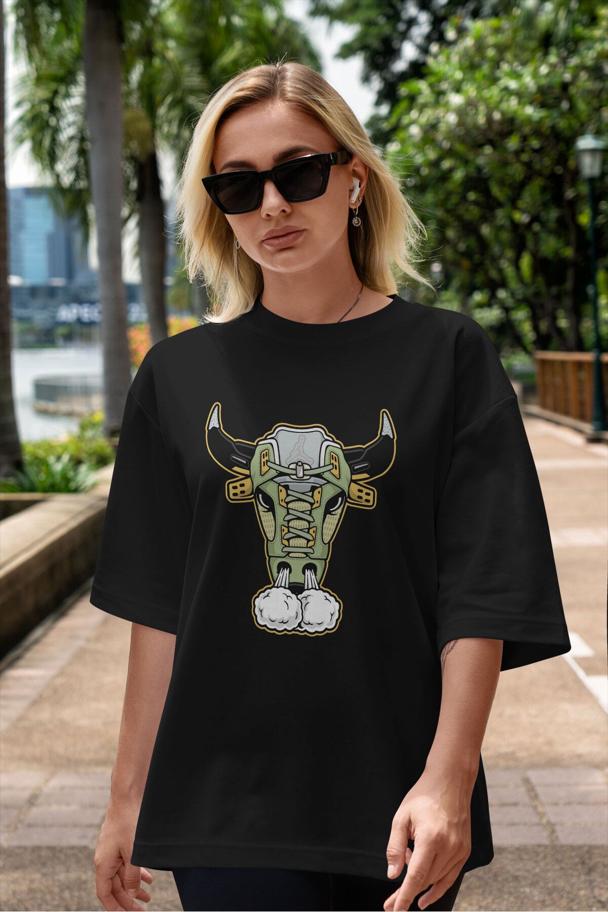 ELFAMİ Unisex Erkek/Kadın BULL Özel Baskılı Oversize Pamuklu Bisiklet Yaka T-Shirt