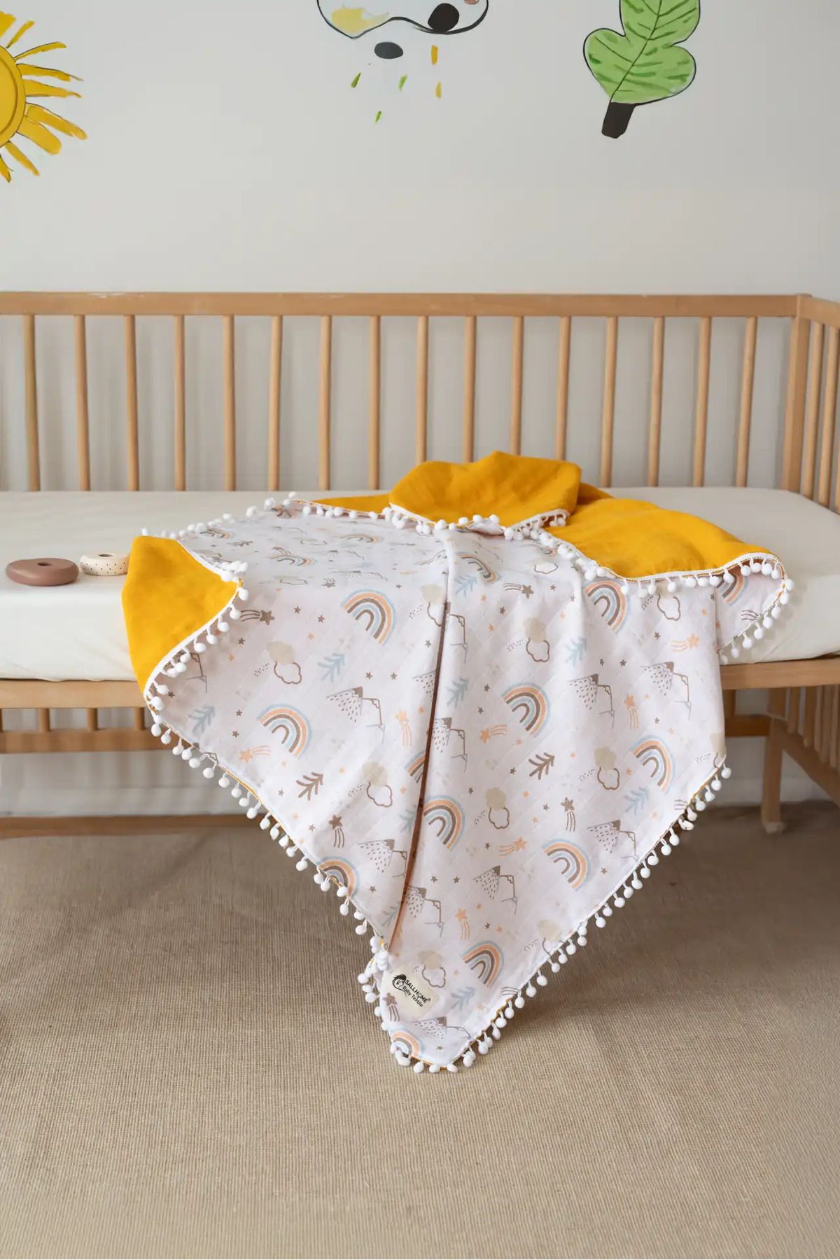 SALLHOMEE Premium Müslin Bebek Battaniyesi – Ponponlu Gökkuşağı Desen