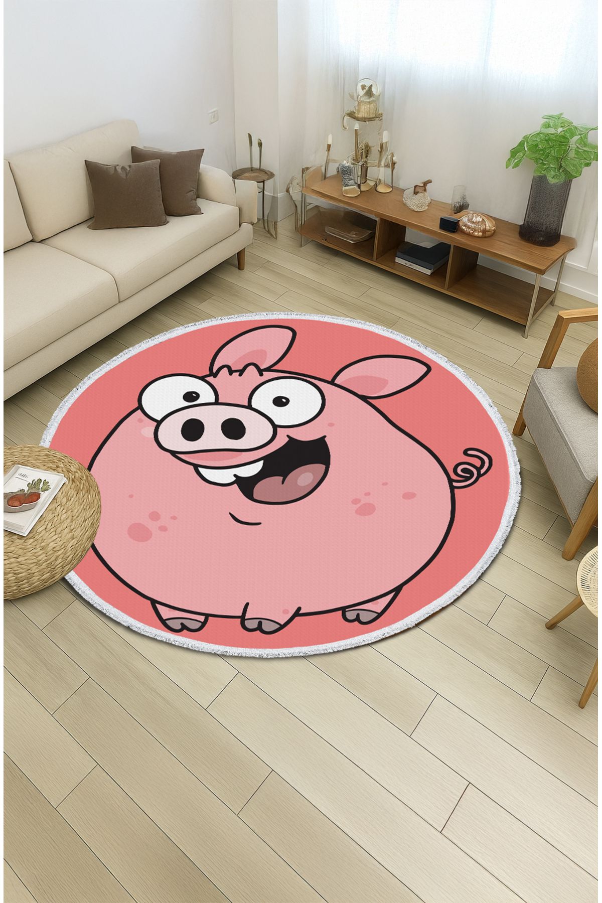 TNYLOF Çocuk odası halısı - Sevimli Domuz Karakterli Pembe Halı