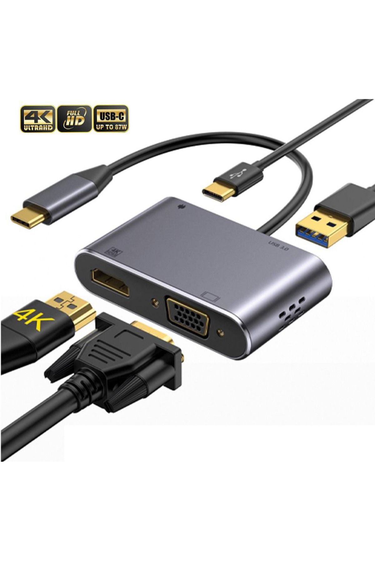MMPSHOP Macbook Pro Air Uyumlu Type-C 4in1 Dönüştürücü Çoklayıcı Usb / VGA / Hdmı 4k / Type-c 87W Pd