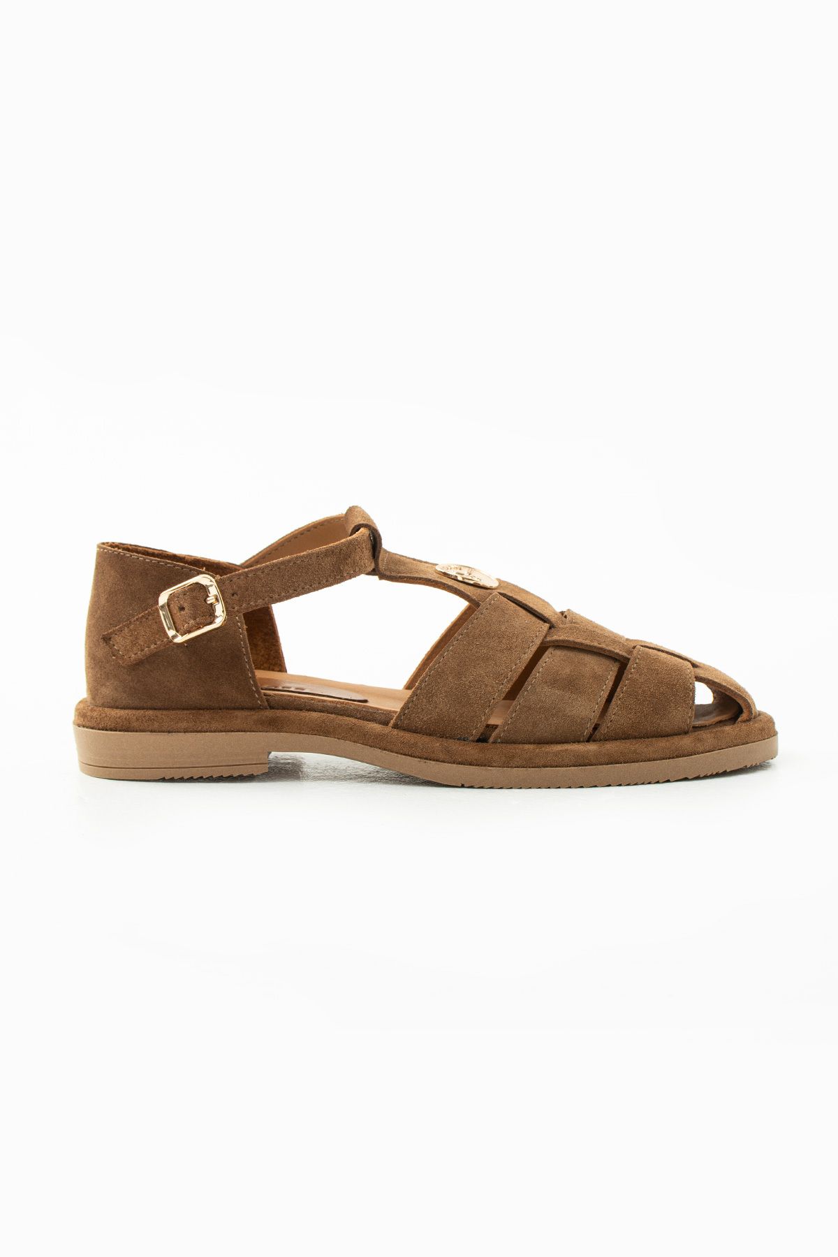 Siena Shoes Aluna Kadın Toka Detaylı Hakiki Deri Sandalet Taba Süet