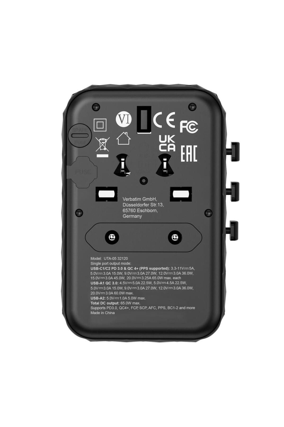 Verbatim-Incarcator retea de calatorie universal Verbatim UTA-05, 65 W GaN3, 2 x USB-C PD & QC 4+ & 9