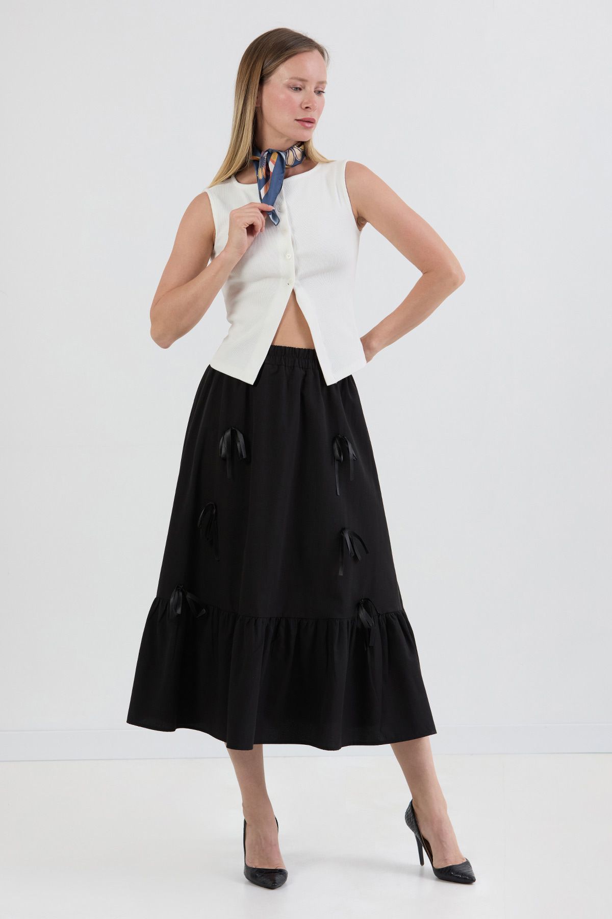 Fulla Moda Beli Lastikli Kurdeleli Etek