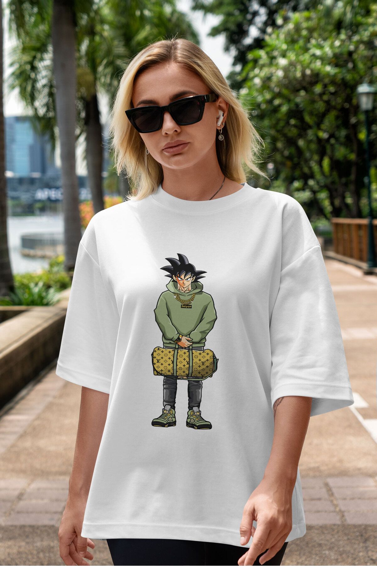 ELFAMİ Unisex Erkek/Kadın SAIYAN Özel Baskılı Oversize Pamuklu Bisiklet Yaka T-Shirt