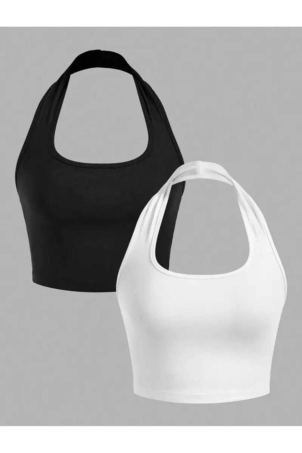 bemmoda Kadın 2'li Set 2'li Renk Beyaz&Siyah Halter Yaka Pamuklu Crop Bluz