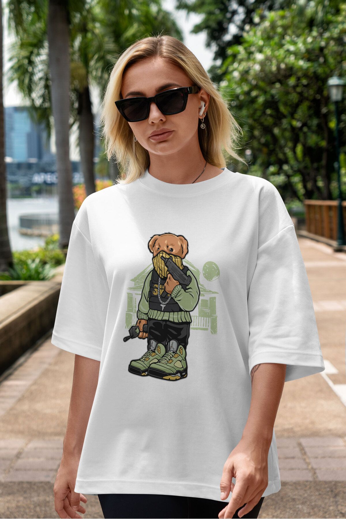 ELFAMİ Unisex Erkek/Kadın GANGSTA BEAR Özel Baskılı Oversize Pamuklu Bisiklet Yaka T-Shirt
