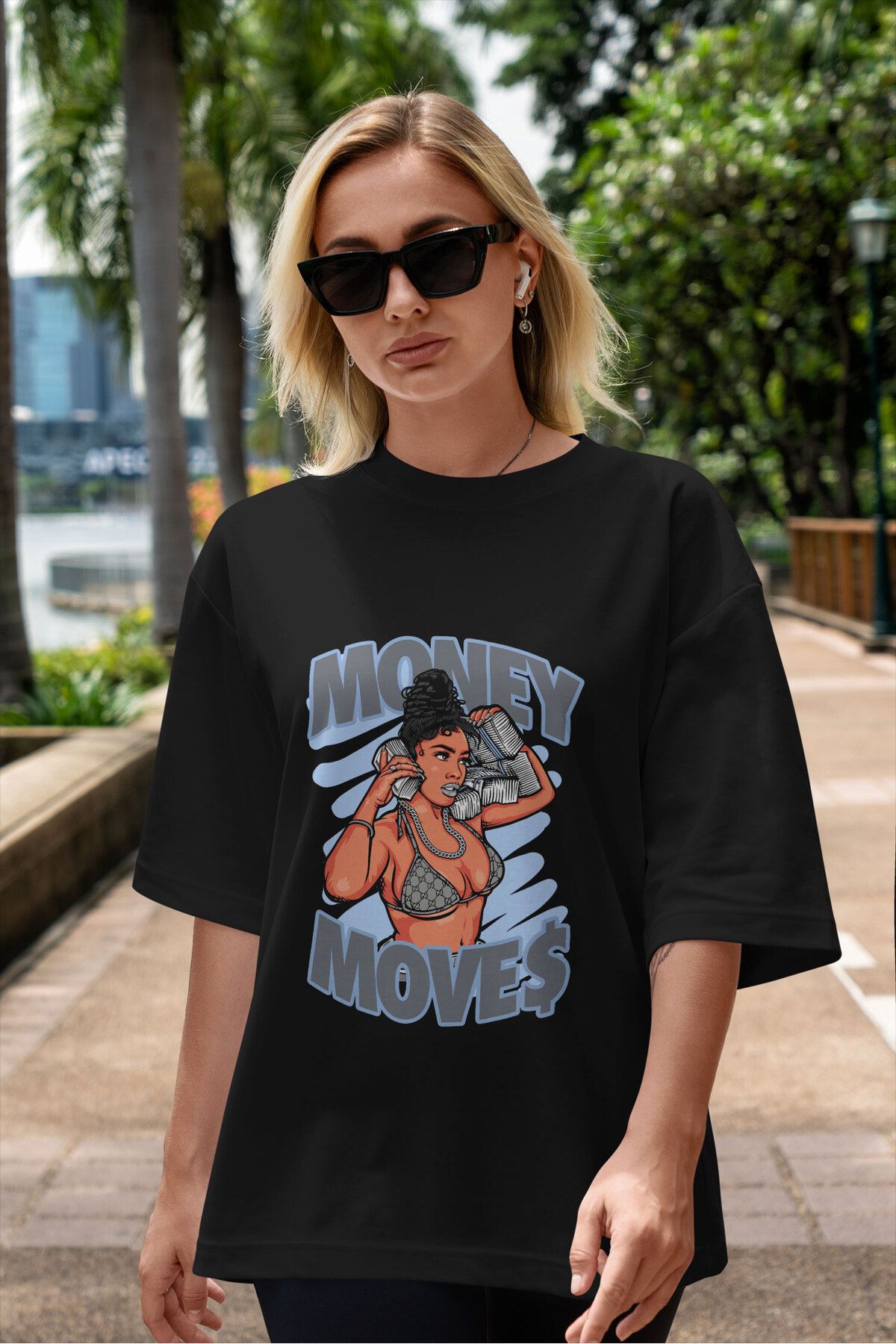 ELFAMİ Unisex Erkek/Kadın MONEY MOVE Özel Baskılı Oversize Pamuklu Bisiklet Yaka T-Shirt