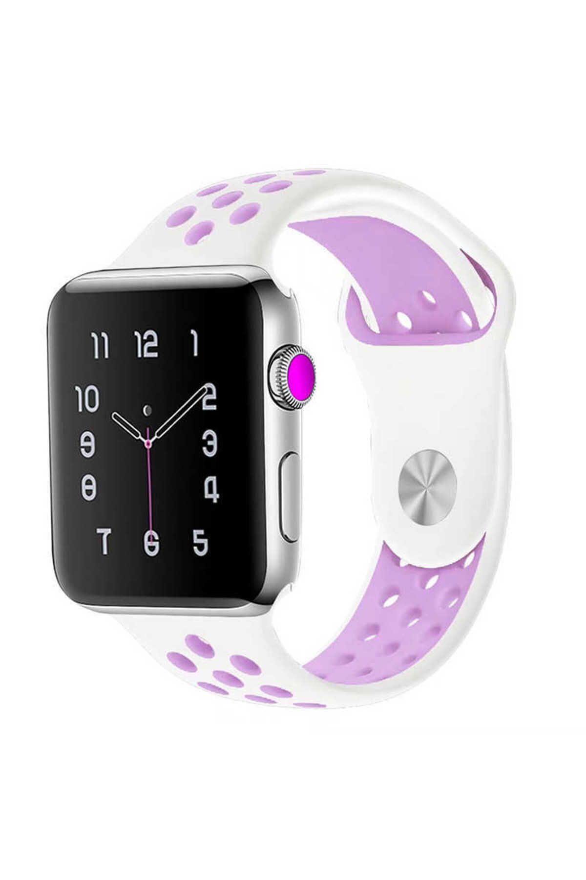Mobicas Apple Watch 5 (40mm) Uyumlu Delikli Silikon Kordon-02 Beyaz-Lila