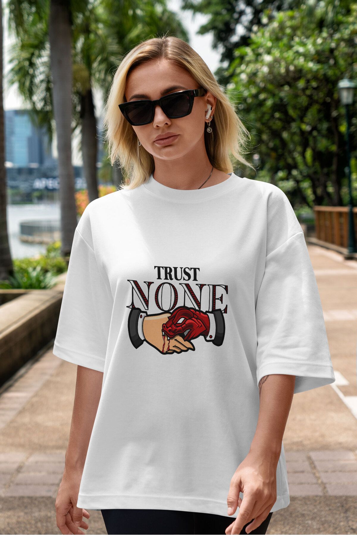 ELFAMİ Unisex Erkek/Kadın TRUST NONE Özel Baskılı Oversize Pamuklu Bisiklet Yaka T-Shirt