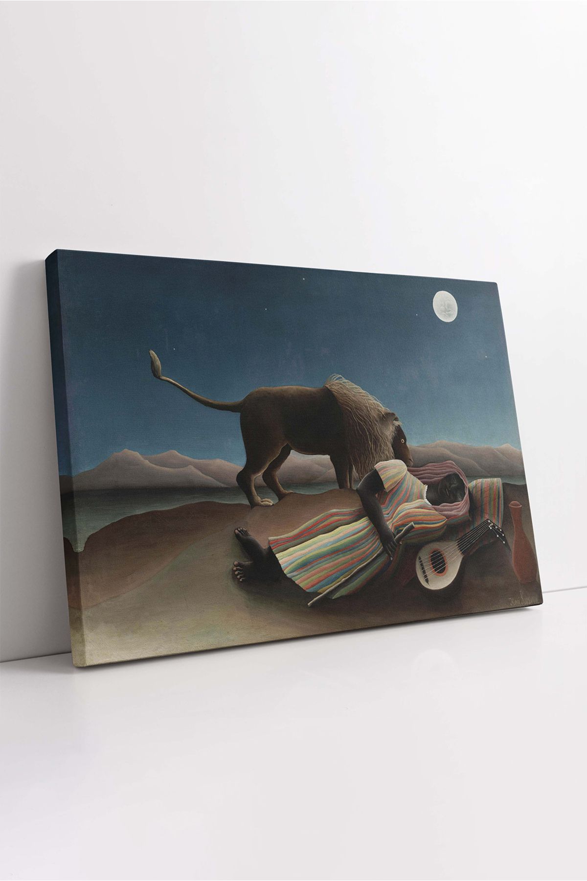 KOSS Dijital Henri Rousseau Uyuyan Çingene Kanvas Tablo, Ünlü Ressam Lüks Kanvas Tablo, Çölde Aslan ve İnsan Lüks
