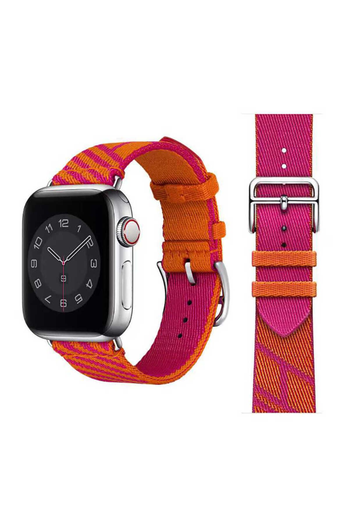 Mobicas Apple Watch 5 (40mm) Uyumlu Hasır Tasarımlı Kordon-51 Pembe-Turuncu