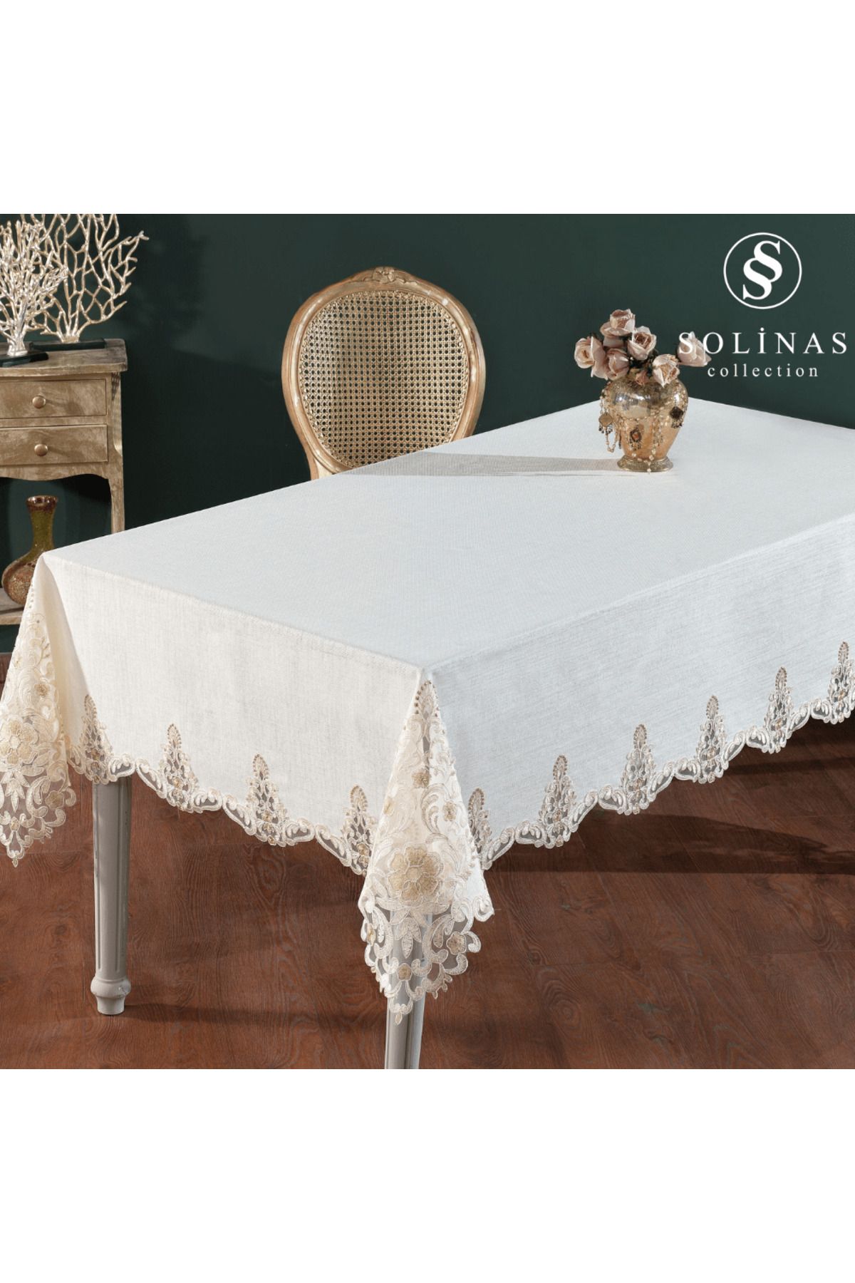 Solinas Collection Roma Krem Linen Kumaş Vizon Nakışlı Masa Örtüsü