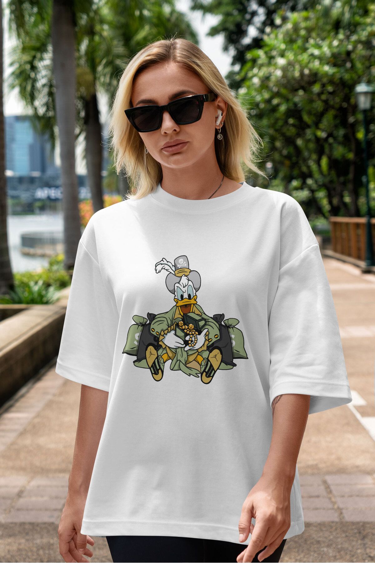 ELFAMİ Unisex Erkek/Kadın DONALD D Özel Baskılı Oversize Pamuklu Bisiklet Yaka T-Shirt
