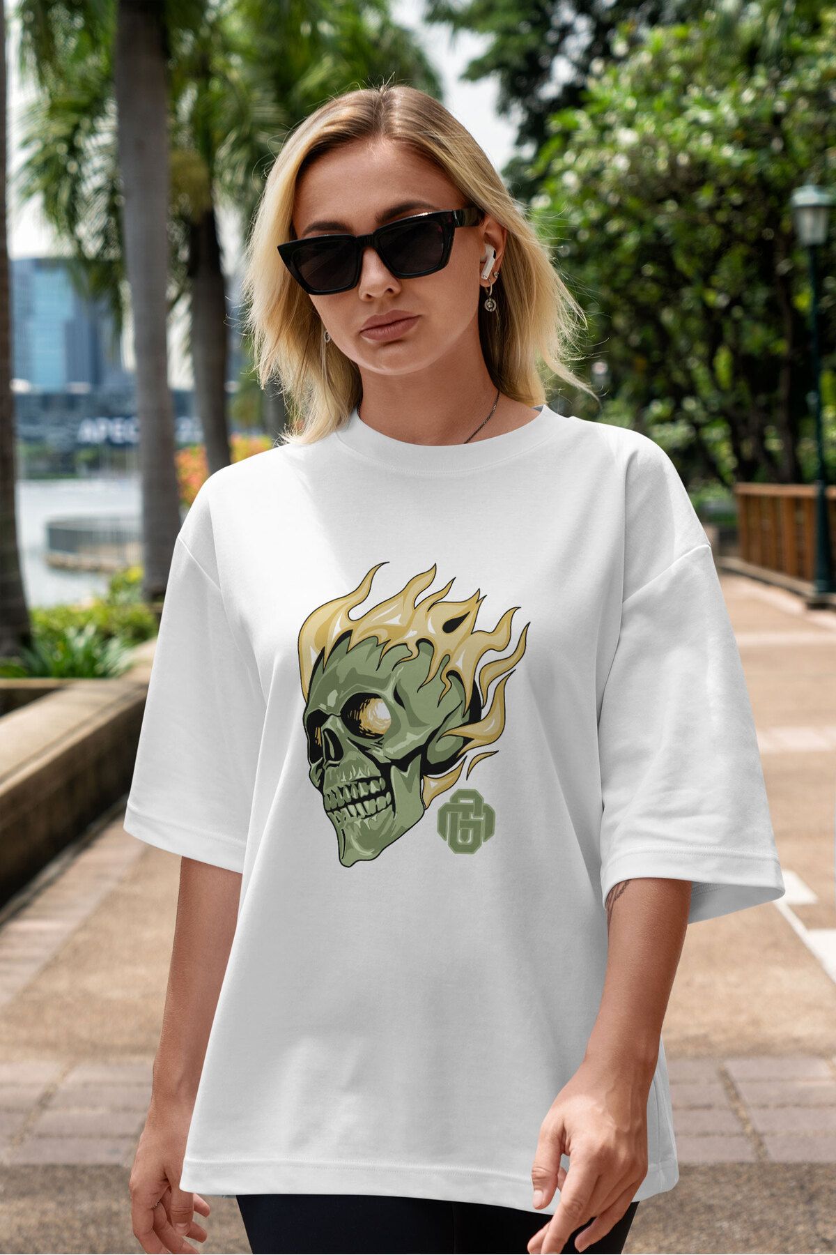 ELFAMİ Unisex Erkek/Kadın SKULL Özel Baskılı Oversize Pamuklu Bisiklet Yaka T-Shirt