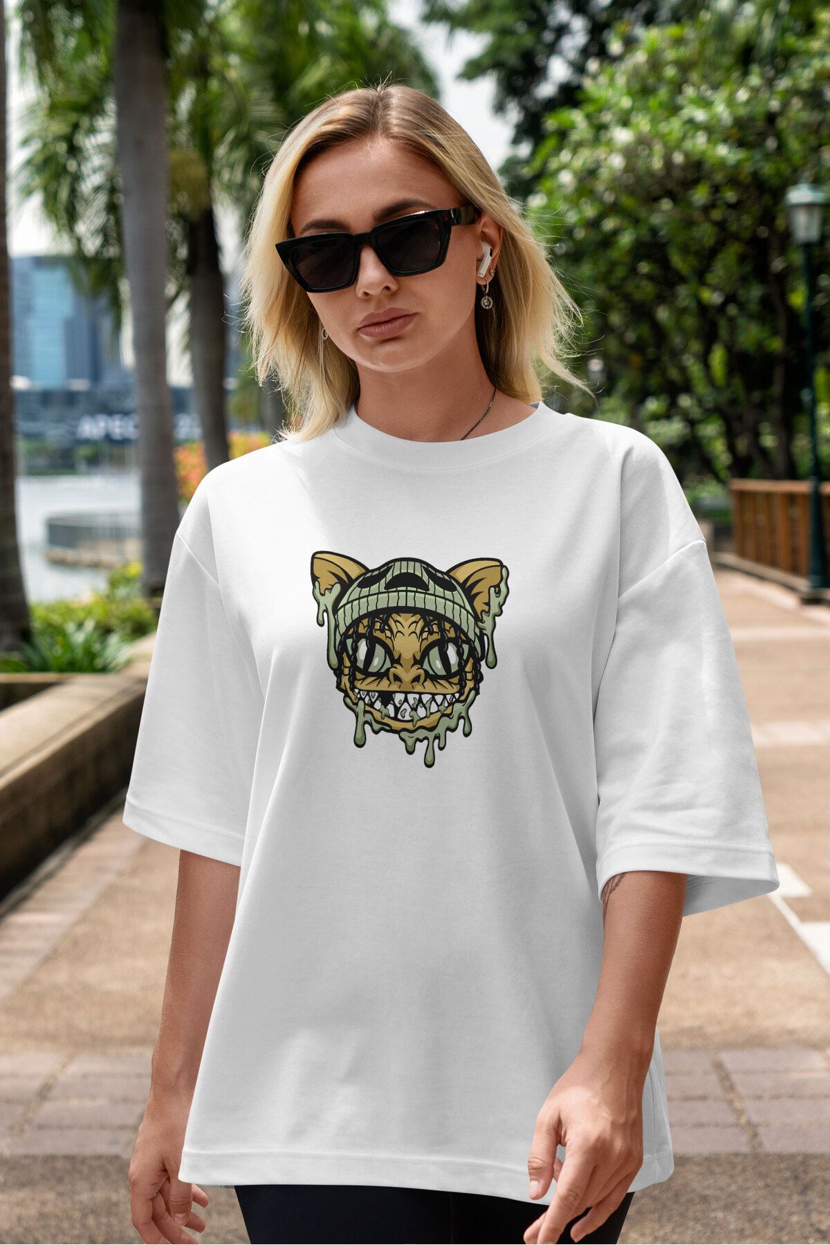 ELFAMİ Unisex Erkek/Kadın TOXIC CAT Özel Baskılı Oversize Pamuklu Bisiklet Yaka T-Shirt