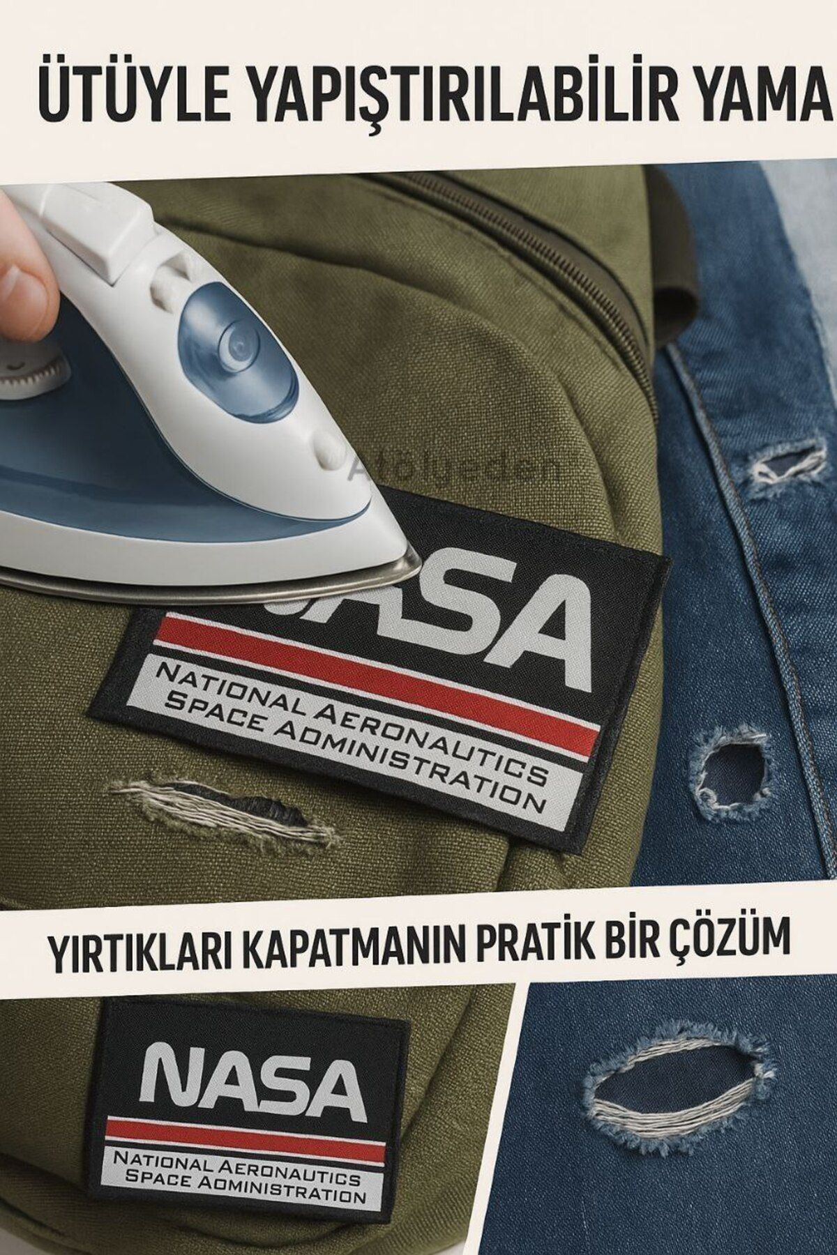 Atölyeden NASA Logolu Ütüyle Yapışan Kumaş Yama 11x6.5 cm Kıyafet ve Çanta Onarım Yaması Büyük Boy Kapatıcı