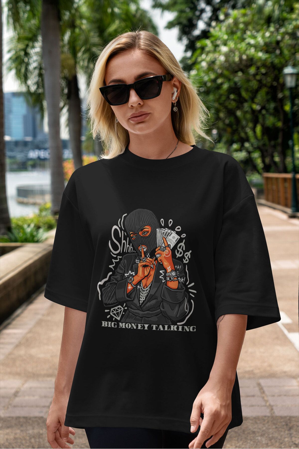 ELFAMİ Unisex Erkek/Kadın BIG MONEY TALKINGS Özel Baskılı Oversize Pamuklu Bisiklet Yaka T-Shirt