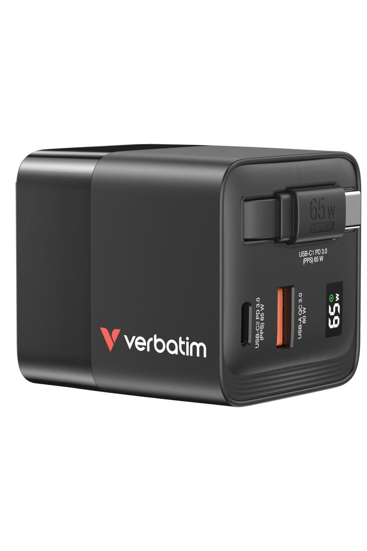 Verbatim-Verbatim GaN Power Adapter, 65W, 2 x USB-C PD 65W, 1 x USB-A QC 3.0, Retractable Cable 1
