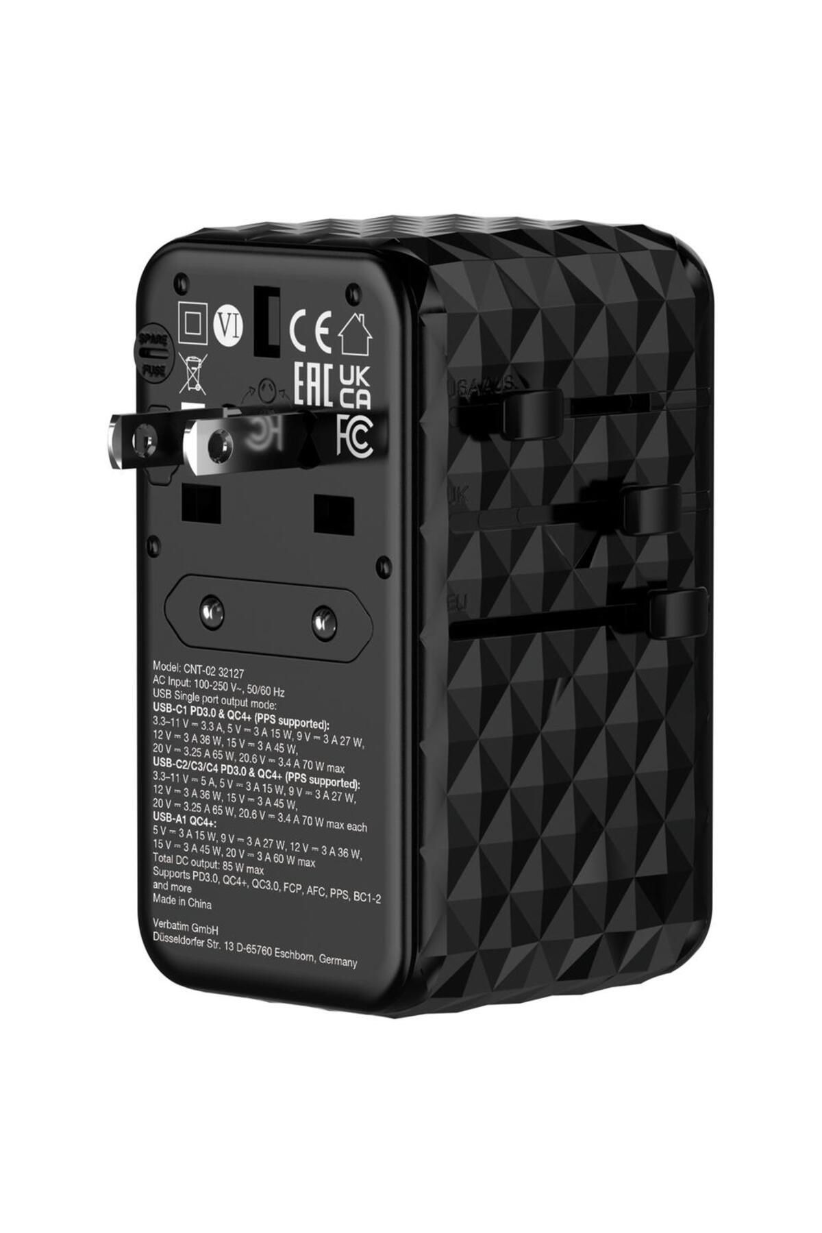 Verbatim-Incarcator retea de calatorie universal Verbatim GaN II, 85 W, 4xUSB-C PD, 1x USB-A QC (Negru) 8