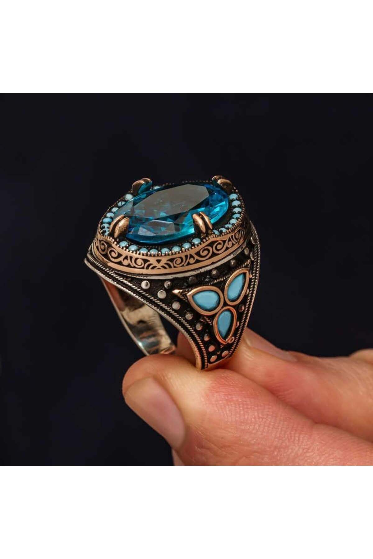 alsepeteavm Gümüş Aquamarine Taşlı Erkek Yüzük