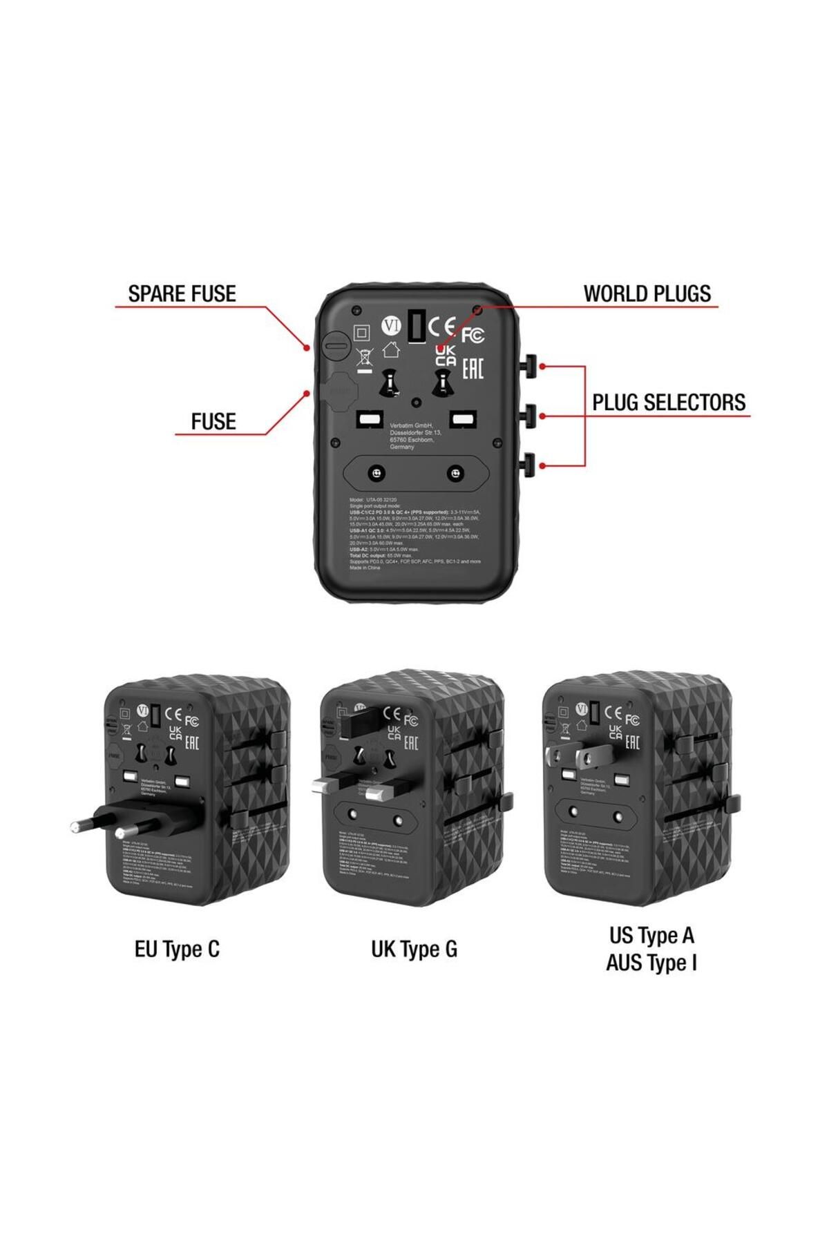 Verbatim-Incarcator retea de calatorie universal Verbatim UTA-05, 65 W GaN3, 2 x USB-C PD & QC 4+ & 6