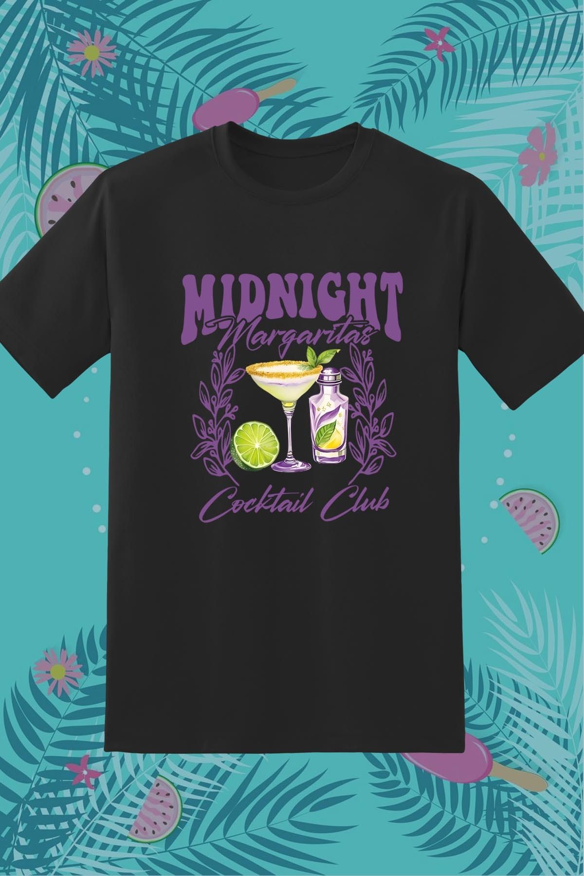 362BASKI Yaz Temalı Midnight Margaritas Kokteyl İçecek Baskılı Tshirt