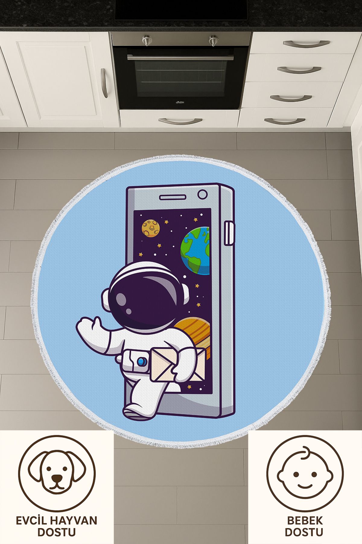 TNYLOF Yuvarlak çocuk odası halısı - Astronot ve Uzay Temalı Telefon Desenli Renkli Halı