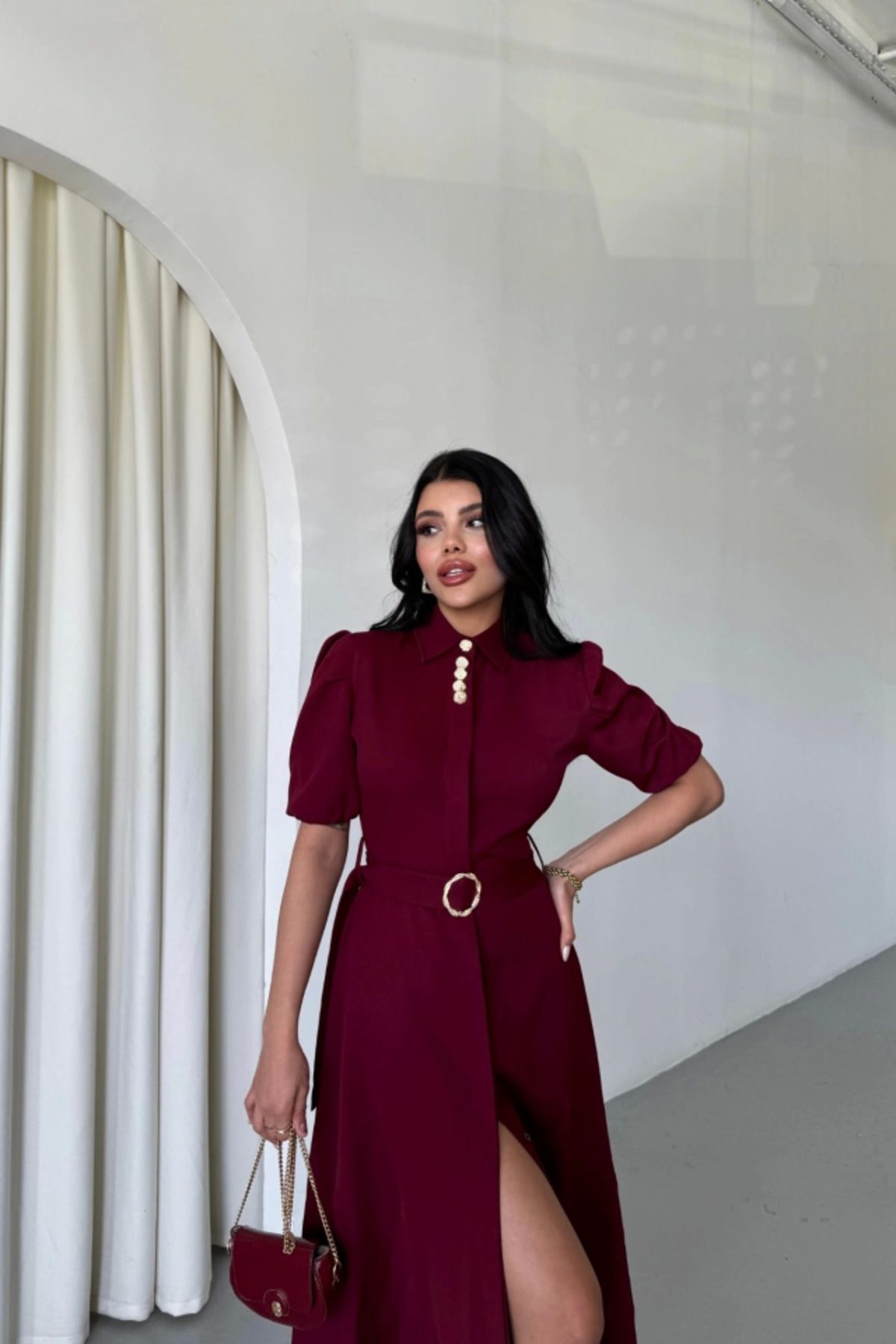 Omarı YAKA DÜĞME DETAYLI ELBİSE- Bordo