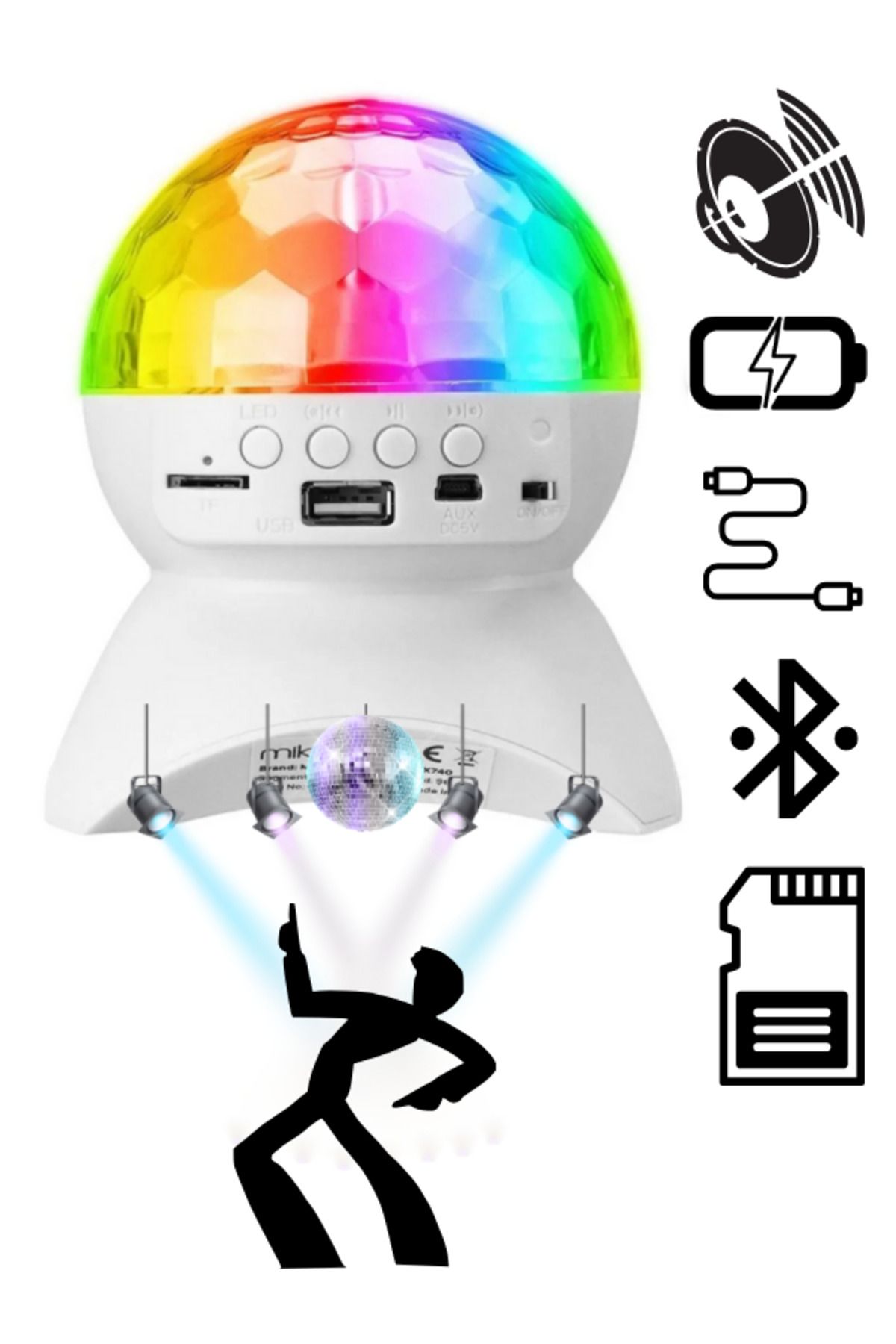 SEDAŞ LIVING UNITS Disko Topu Hoparlör Tavan Led Işıklı Speaker Beyaz Şarjlı Bt-Tf Cart-Usb