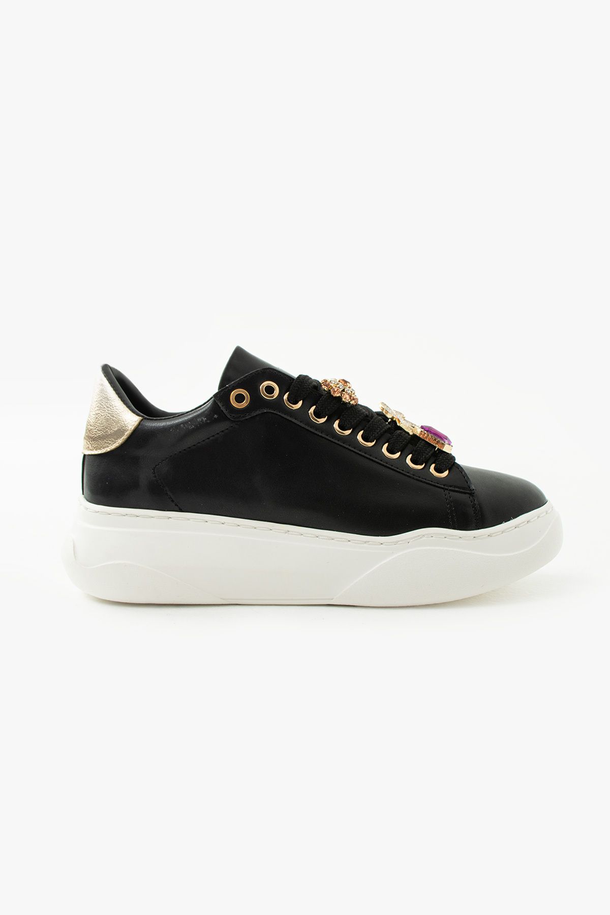 Siena Shoes Toro Kadın Taş Aksesuarlı Bağcıklı Sneaker Siyah