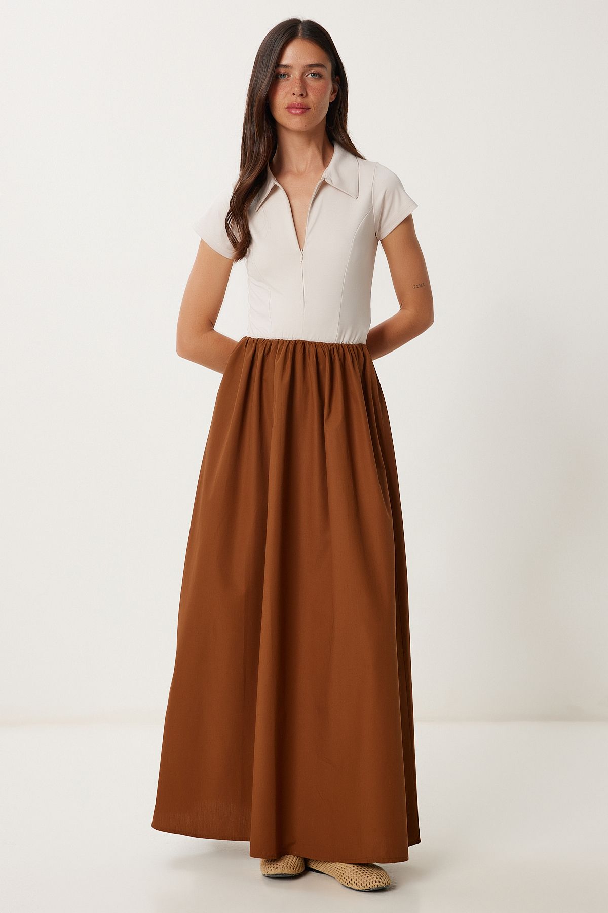 Lovelyİstanbul Esnek Örme Üstlü Poplin Etekli Elbise TABA KREM LFN0099