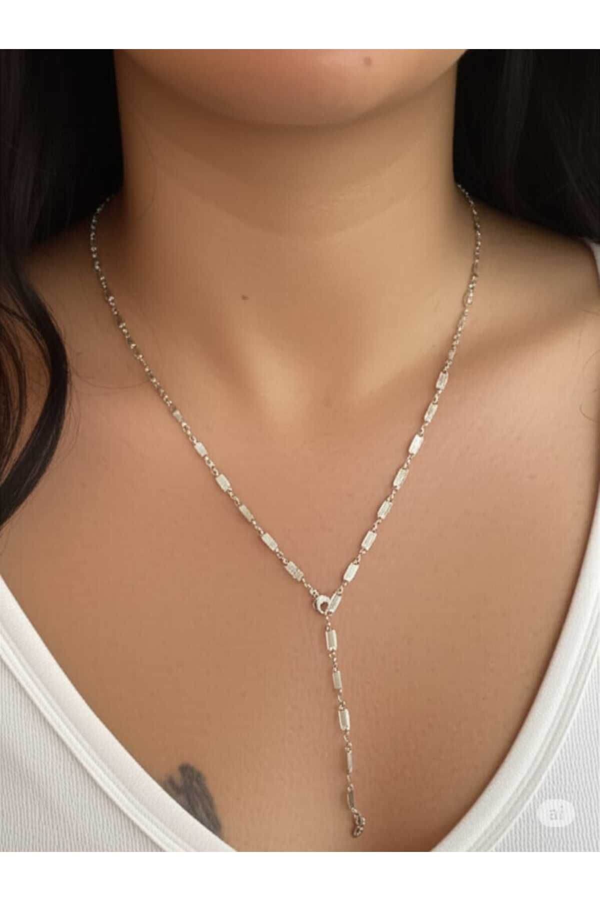 CLOVER JEWELRY Y Model Çelik Kolye | Dikdörtgen Taşlı ve Şık Tasarım