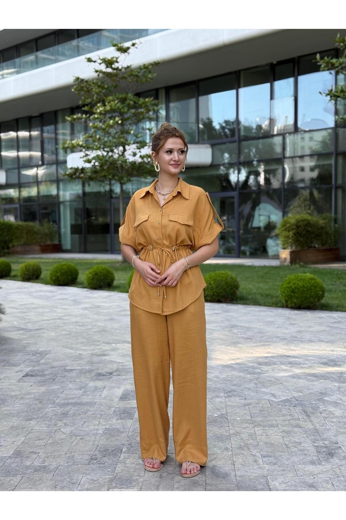 Forlady Butik Hardal Duble Kol Gömlek Pantolon Keten Kadın İkili Takım