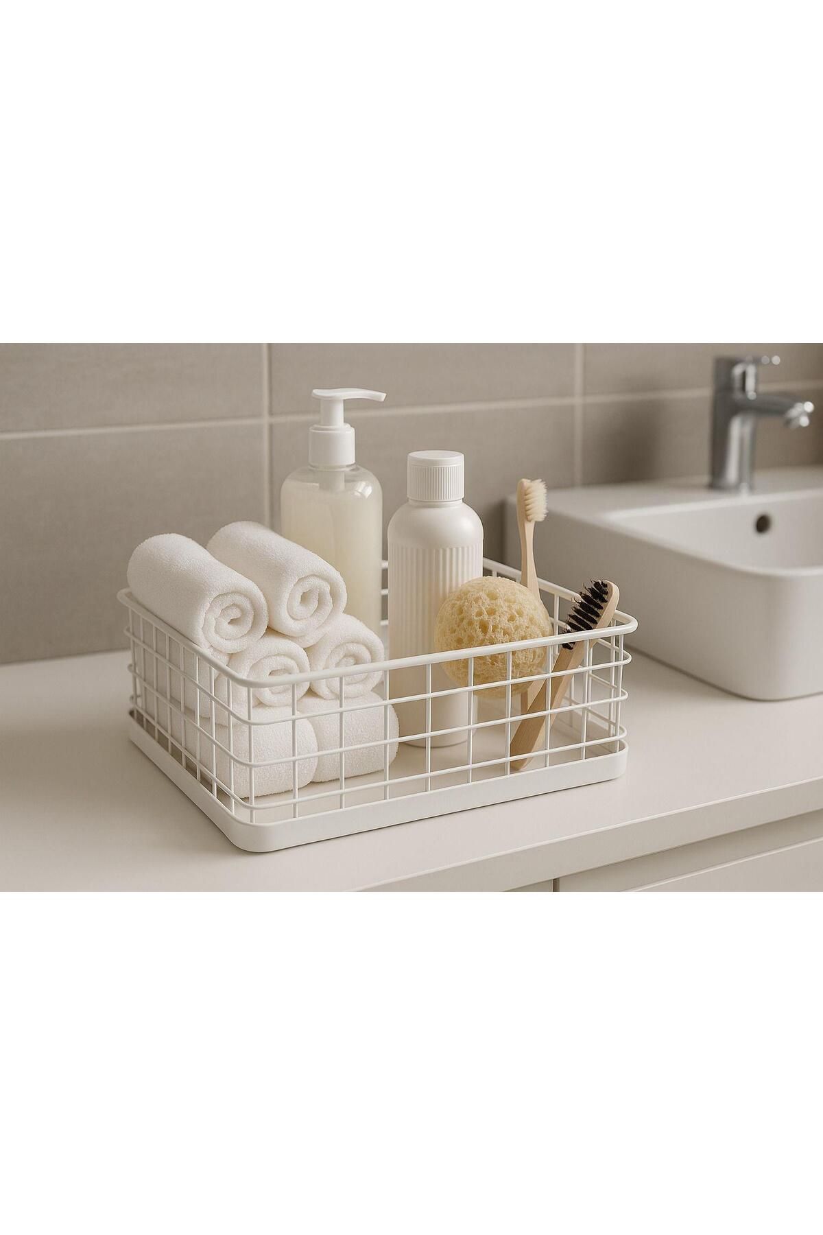 Okyanus Home Dikdörtgen Beyaz Metal Organizer Sepet Maxi 18x33 Cm