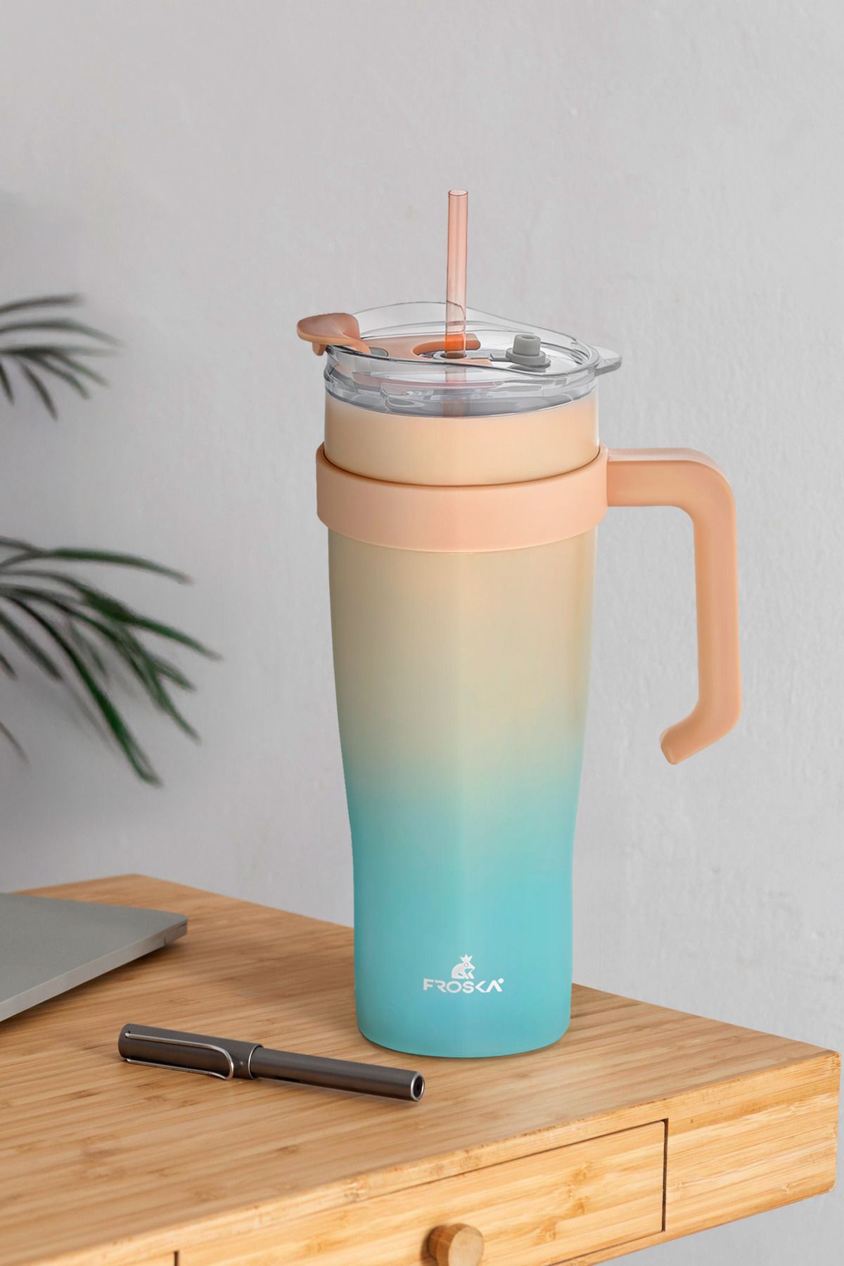 Kitchen Life İçi 304 kalite Paslanmaz Çelik 1000 ml Pipetli Termos Çift Katmanlı Renk Geçişli , Sızdırmaz Bardak