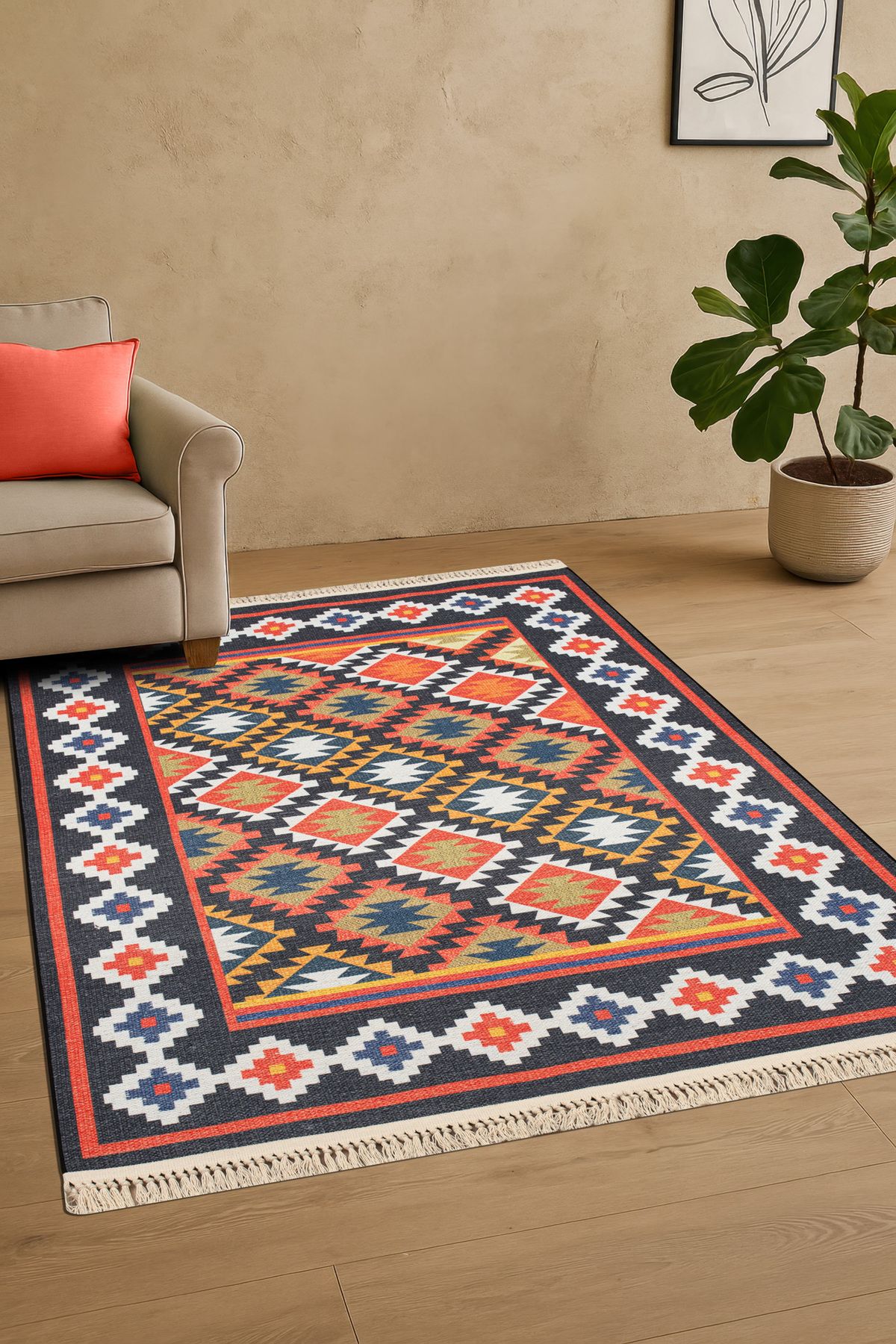 Massilia Home Satürn Modern Dijital Baskı Makinede Yıkanabilir Dokuma Kilim Renkli Etnik Desen Ev Oda Halısı