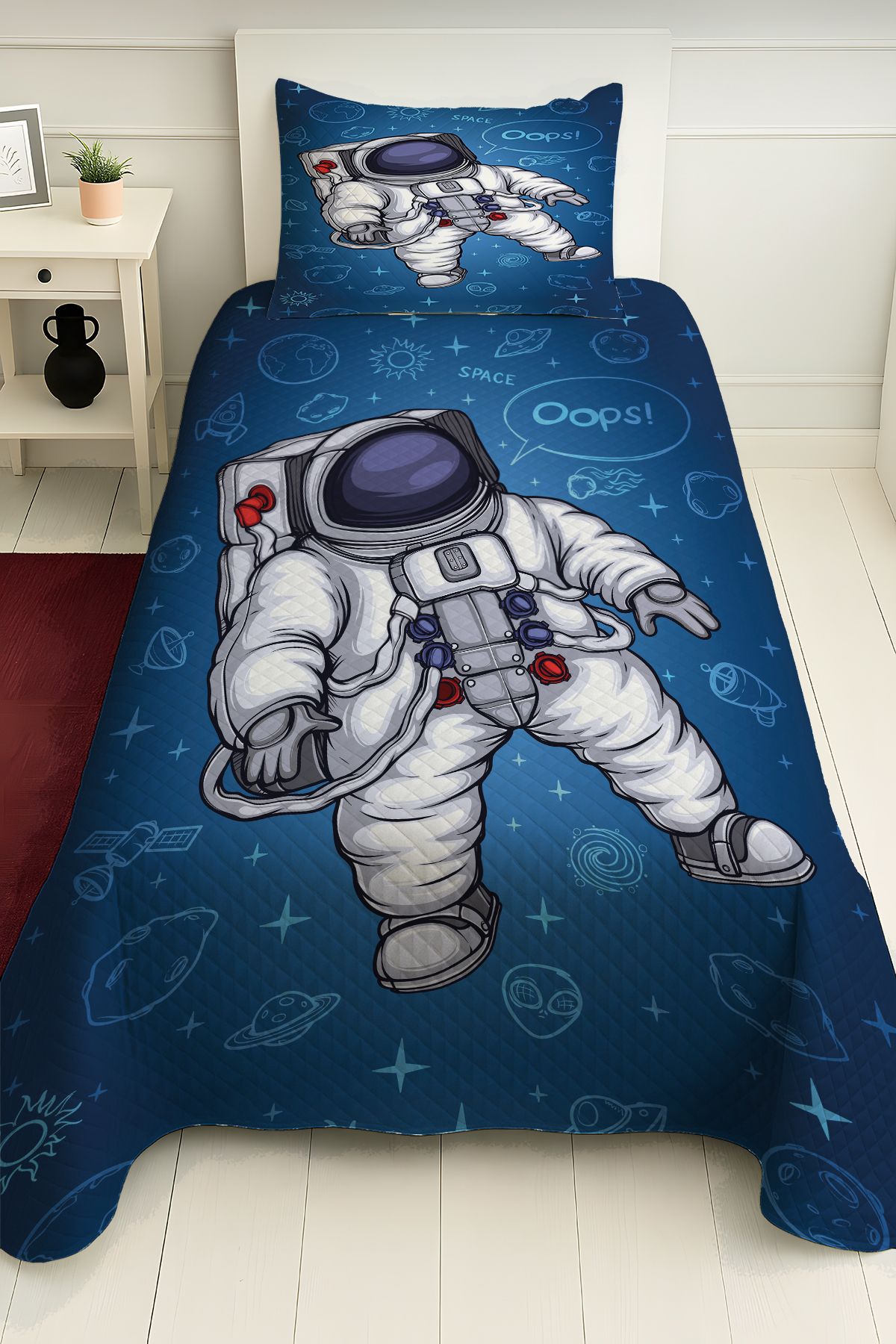 PRINTOPIA Mavi Astronot Kozmonot Galaksi Desenli Tek Kişilik Erkek Çocuk Pike Takımı
