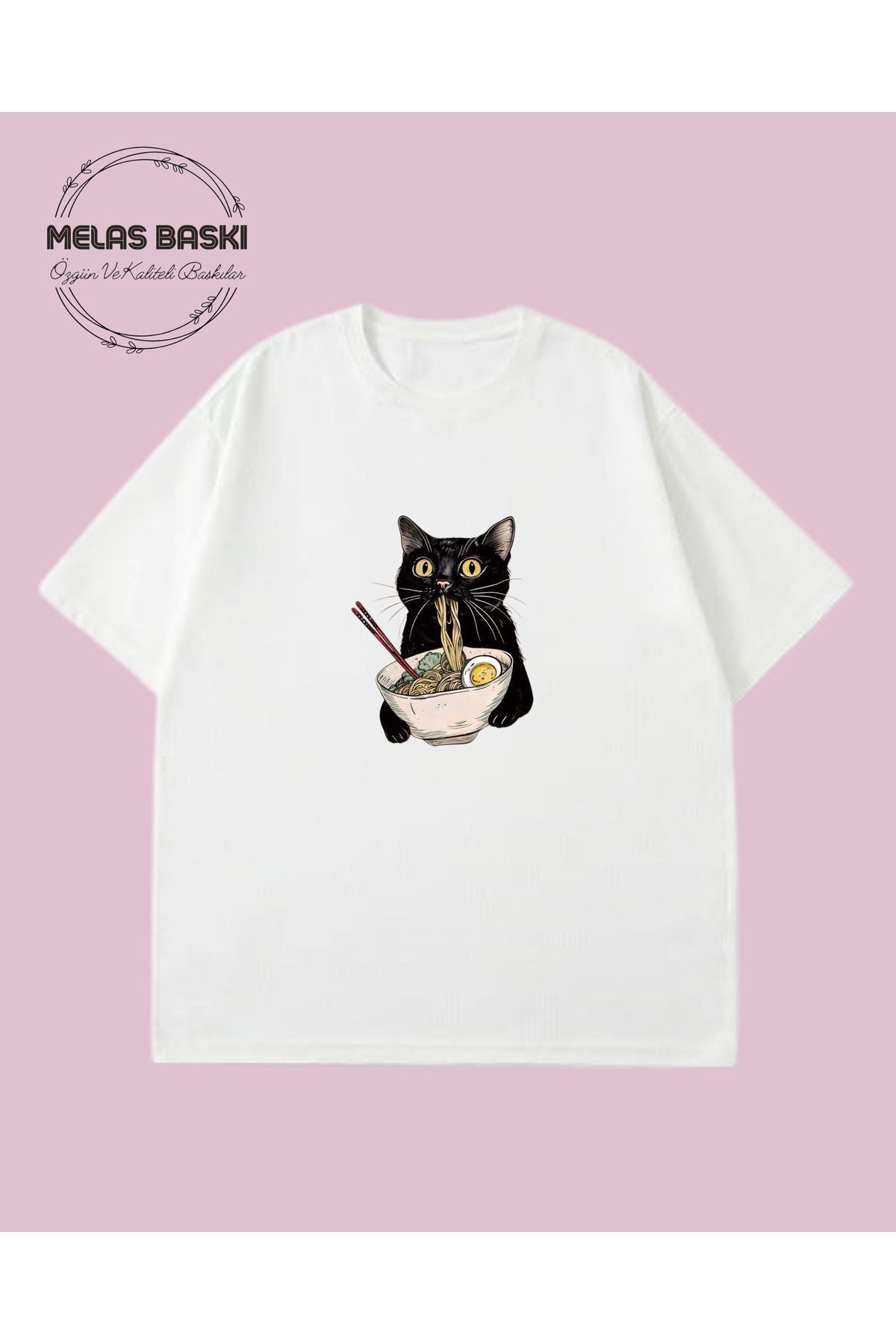 MELAS BASKI Pamuklu Oversize Pinterest Kedi Baskılı Tişört