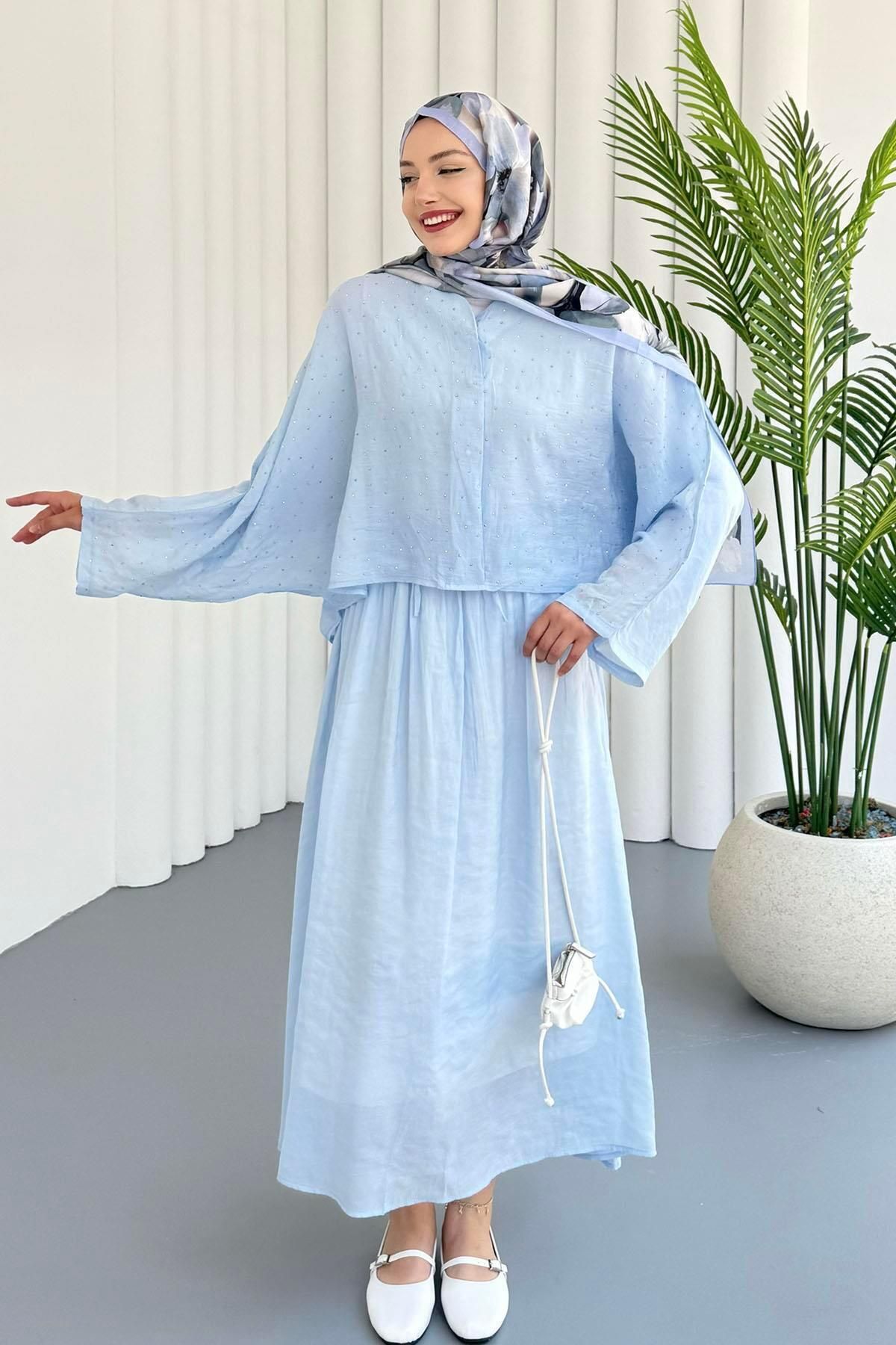 Modaensarbutik Bluzu Yarasa Kol Taş Serpmeli Etekli Tesettür Takım-BEBE MAVİ