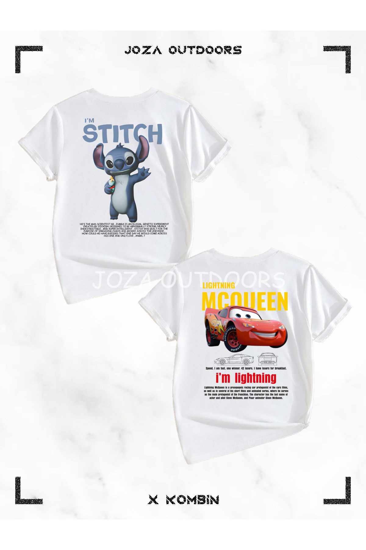 Joza Outdoors Unisex Kız ve Erkek Angel Lilo Stitch - Mcqueen Sally Cars SIRT Baskılı Çocuk 2'li T-shirt Set Takım