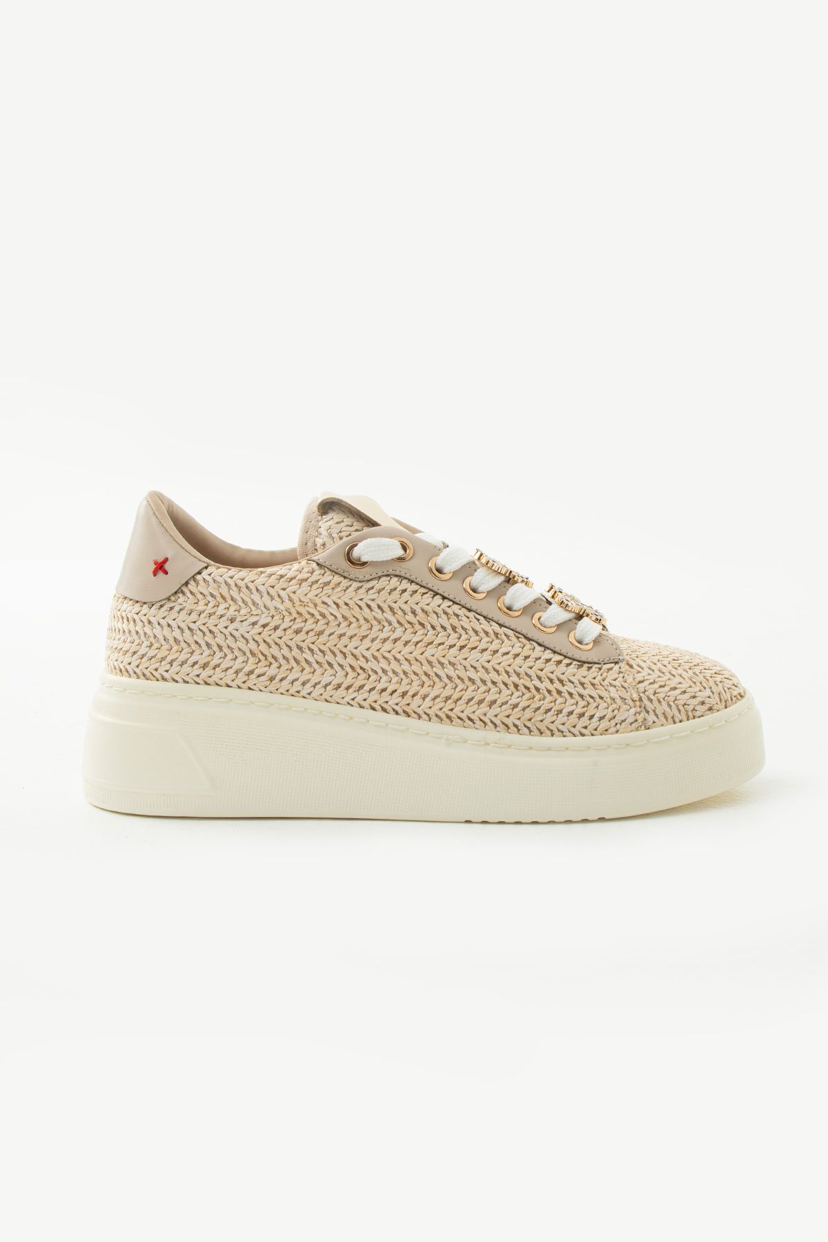 Siena Shoes Tera Kadın Taş Detaylı Bağcıklı Hasırlı Sneaker Bej Hasır